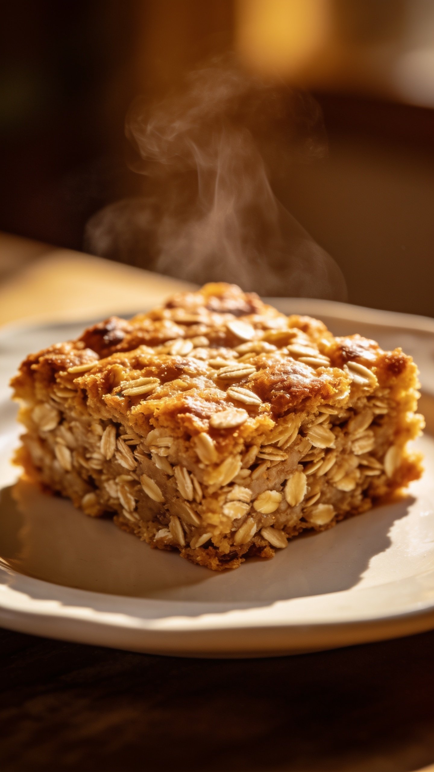 Closeup of baked oats slice on a white plate, steam rising