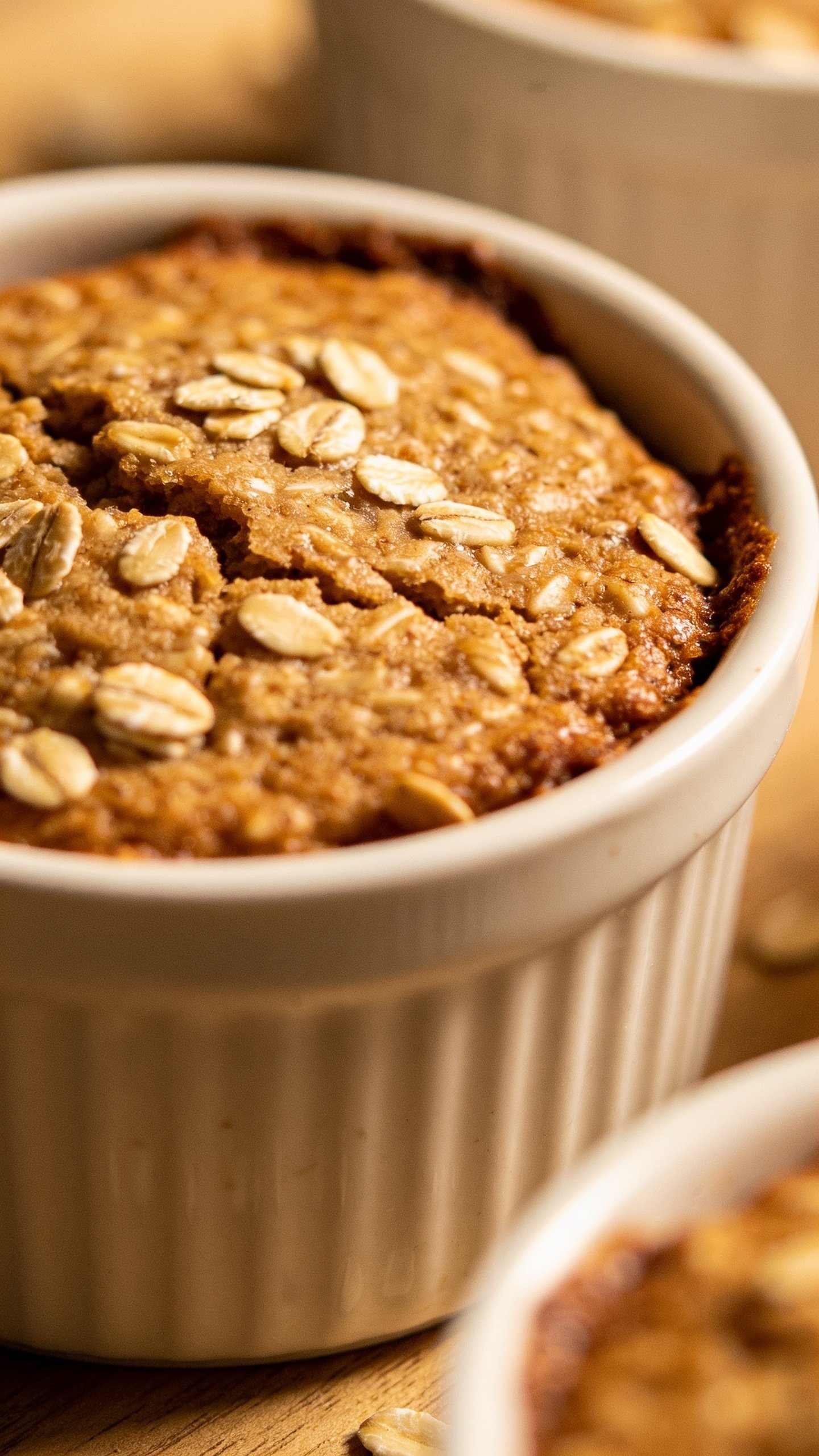 Closeup of single muffin-style baked oats square in a ramekin