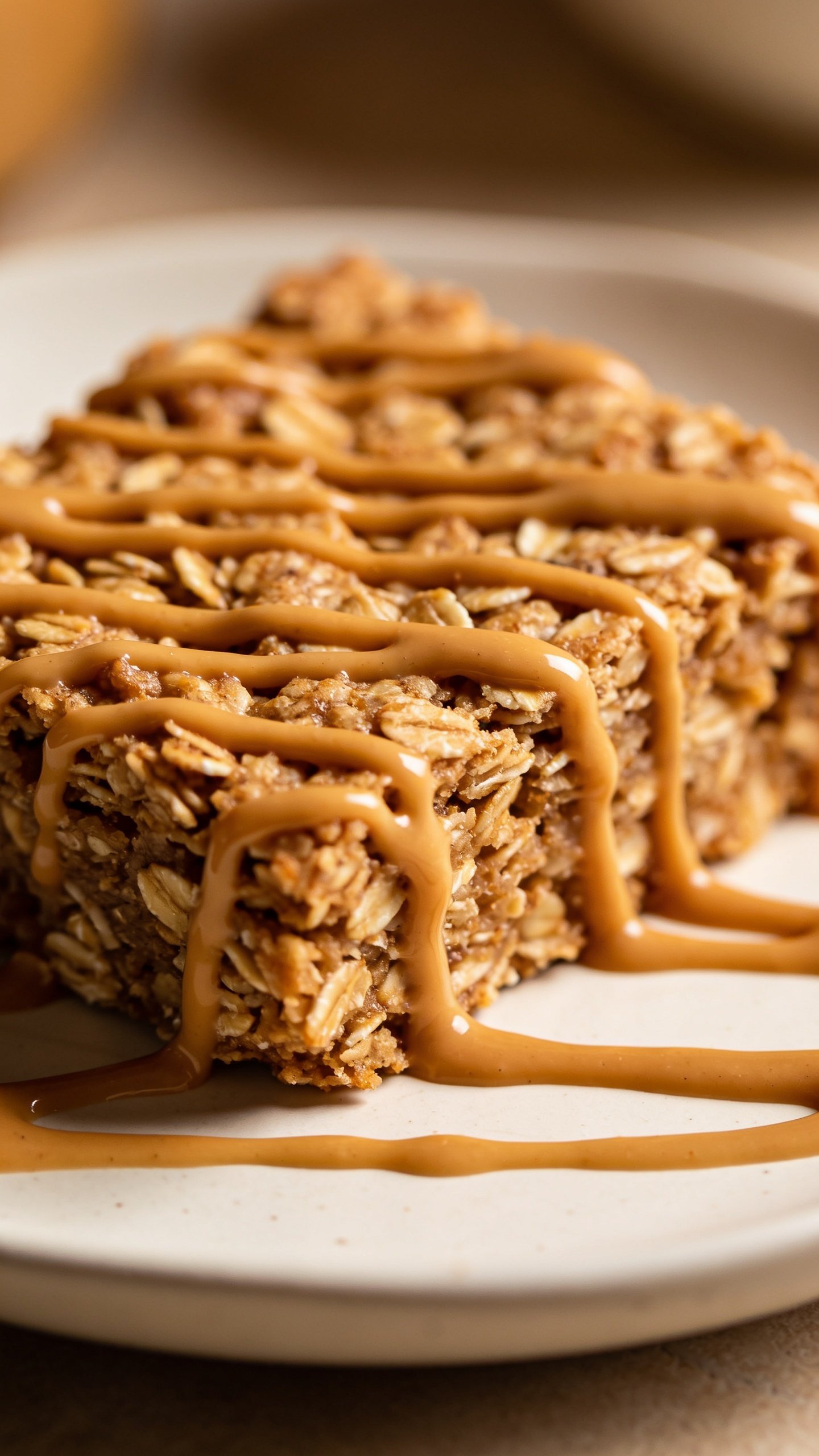 closeup of baked oats slice on a white plate, drizzle of peanut butter