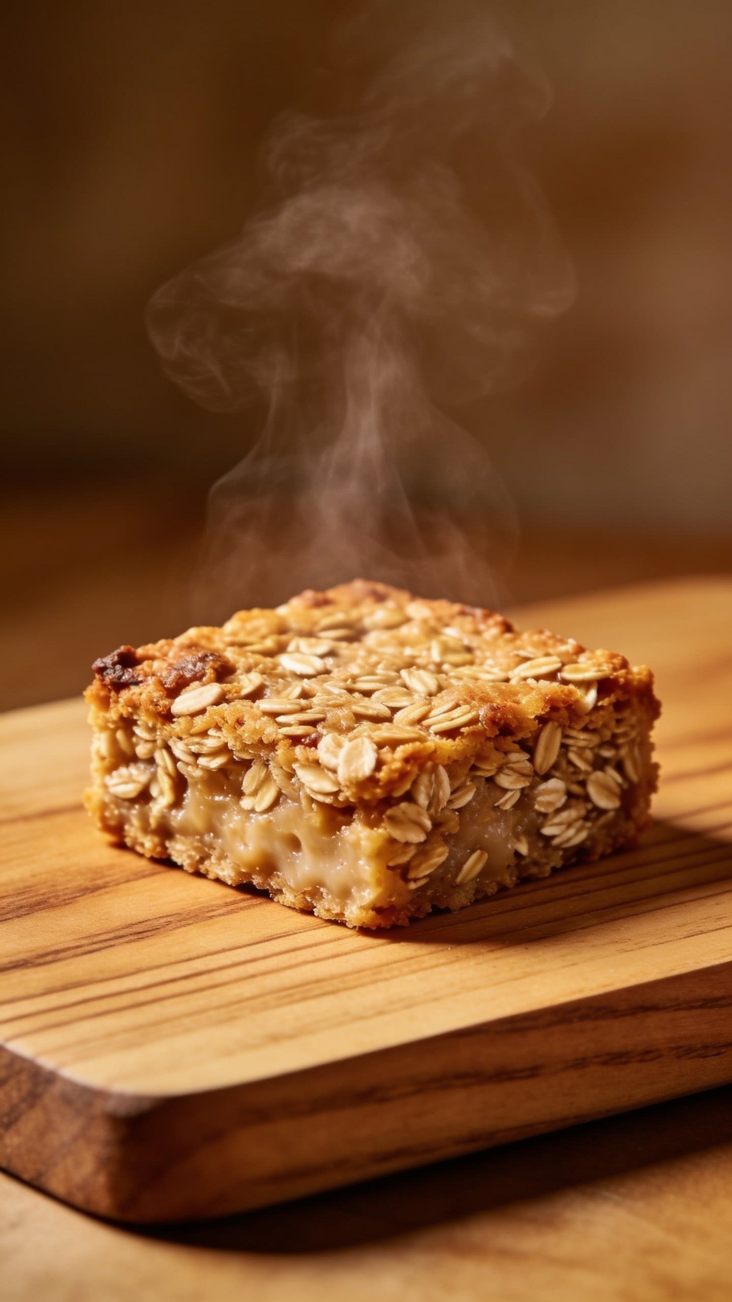 closeup of single baked oats square, steam rising on wooden board