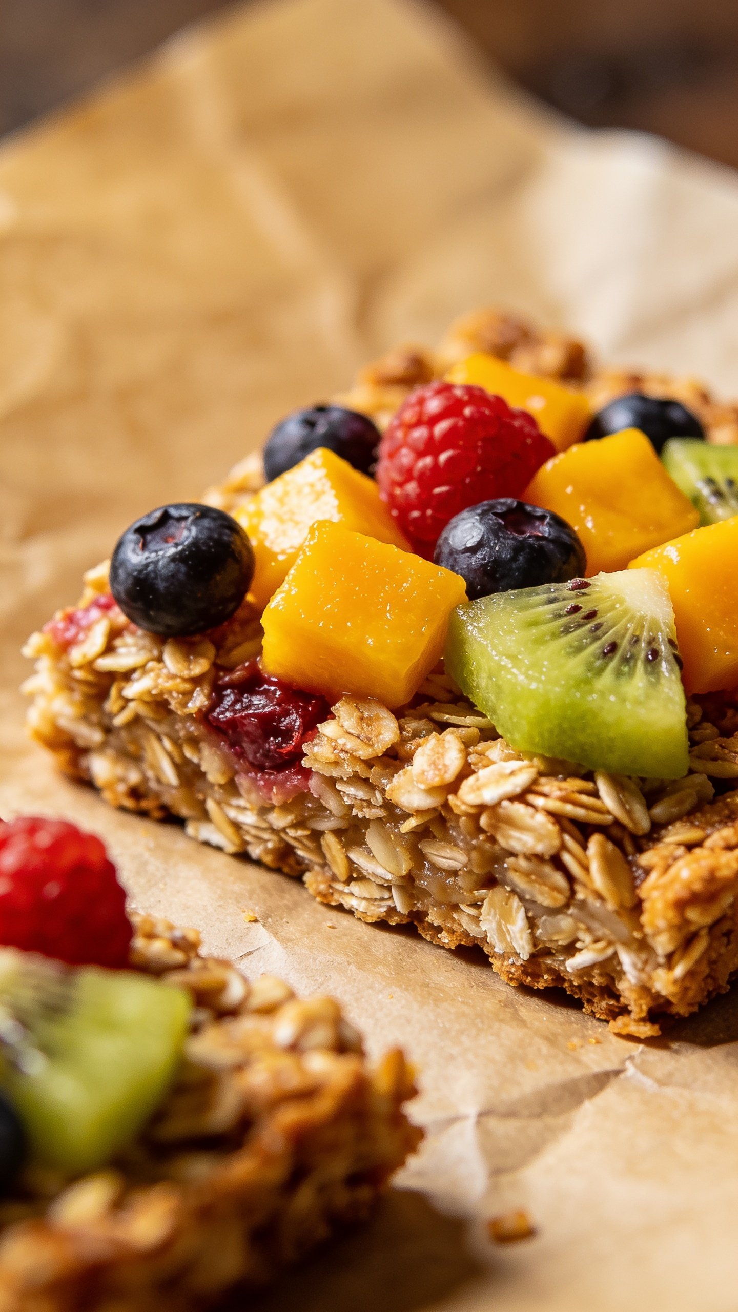 closeup of baked oats slice on parchment, colorful fruit topping in focus