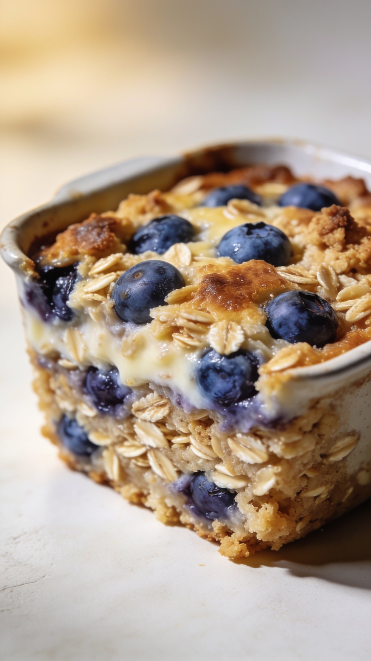 Closeup: single baking dish of vanilla-blueberry baked oats