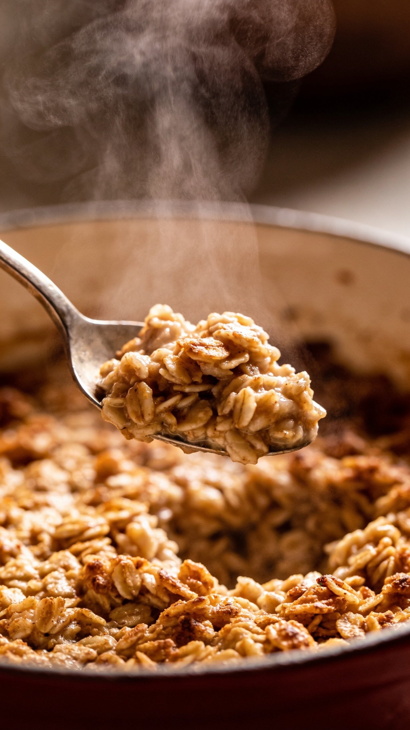 Closeup: spoonful of baked oats with steam in focus
