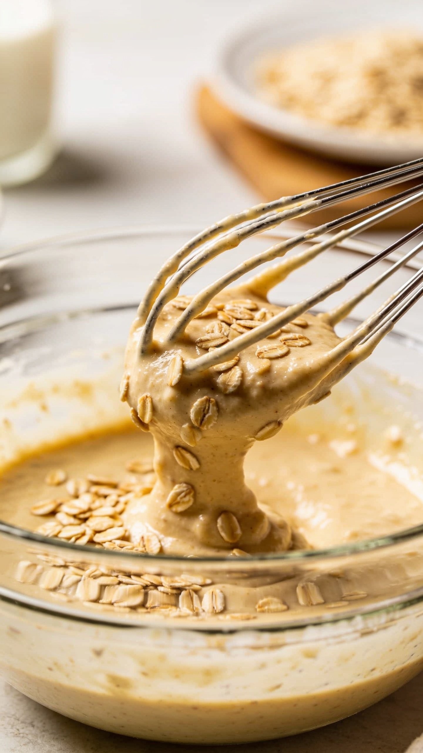 Closeup: whisked batter bowl with oats visible, single dish blurred background