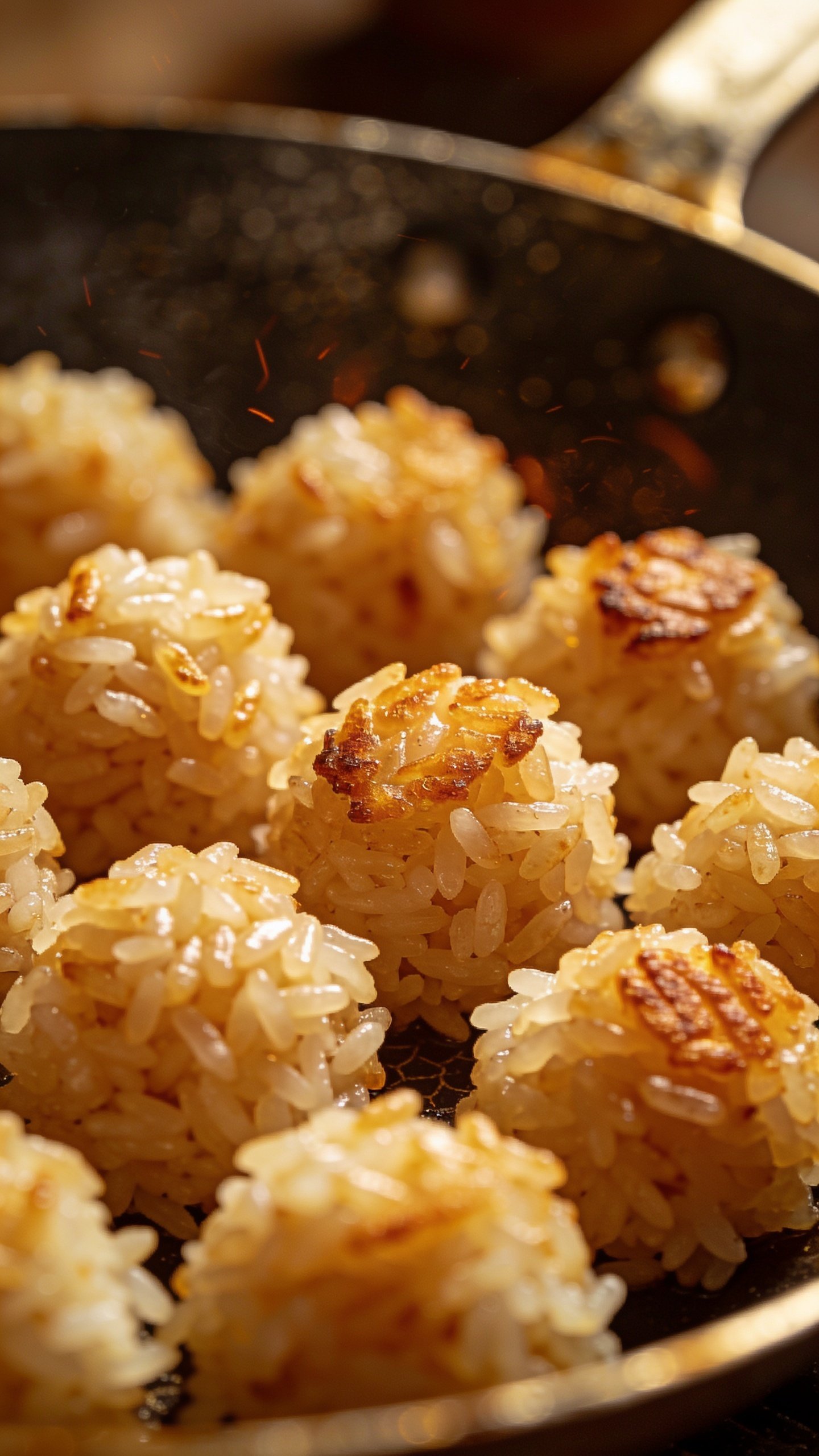 Closeup of fluffy fried rice grains in a skillet