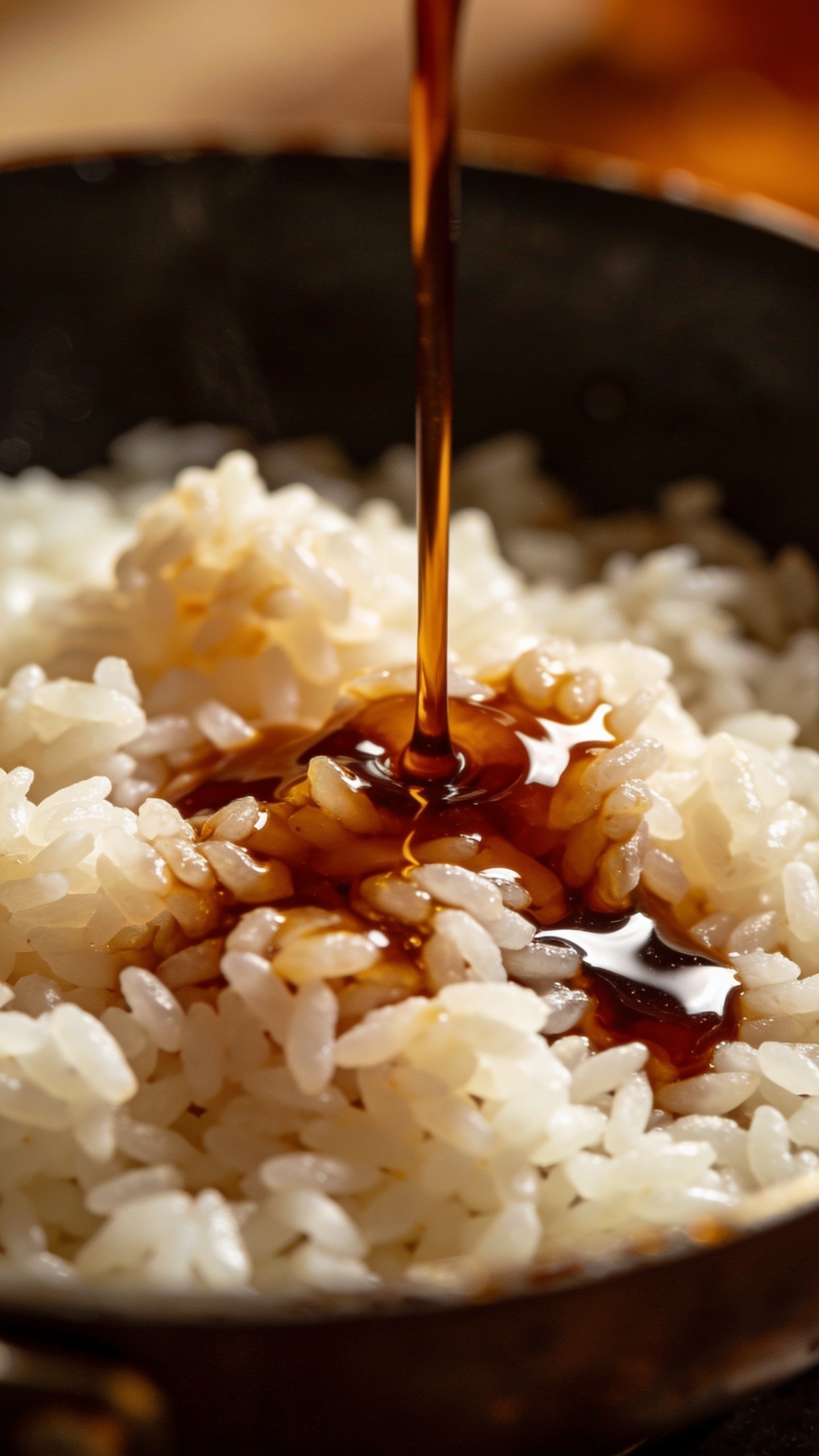 Closeup of glossy soy sauce drizzle over rice in pan