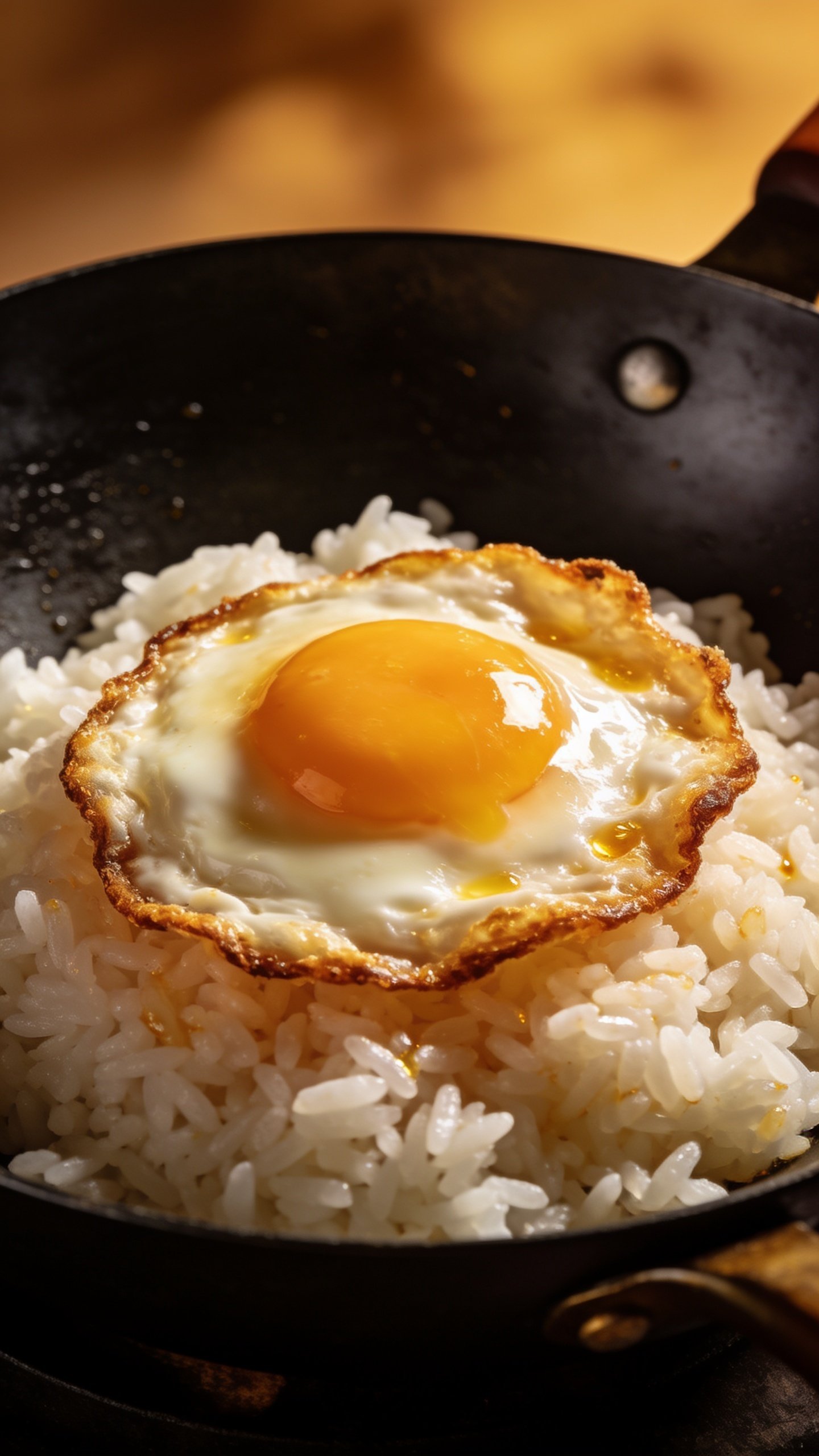 Closeup of a single fried egg resting atop rice in wok
