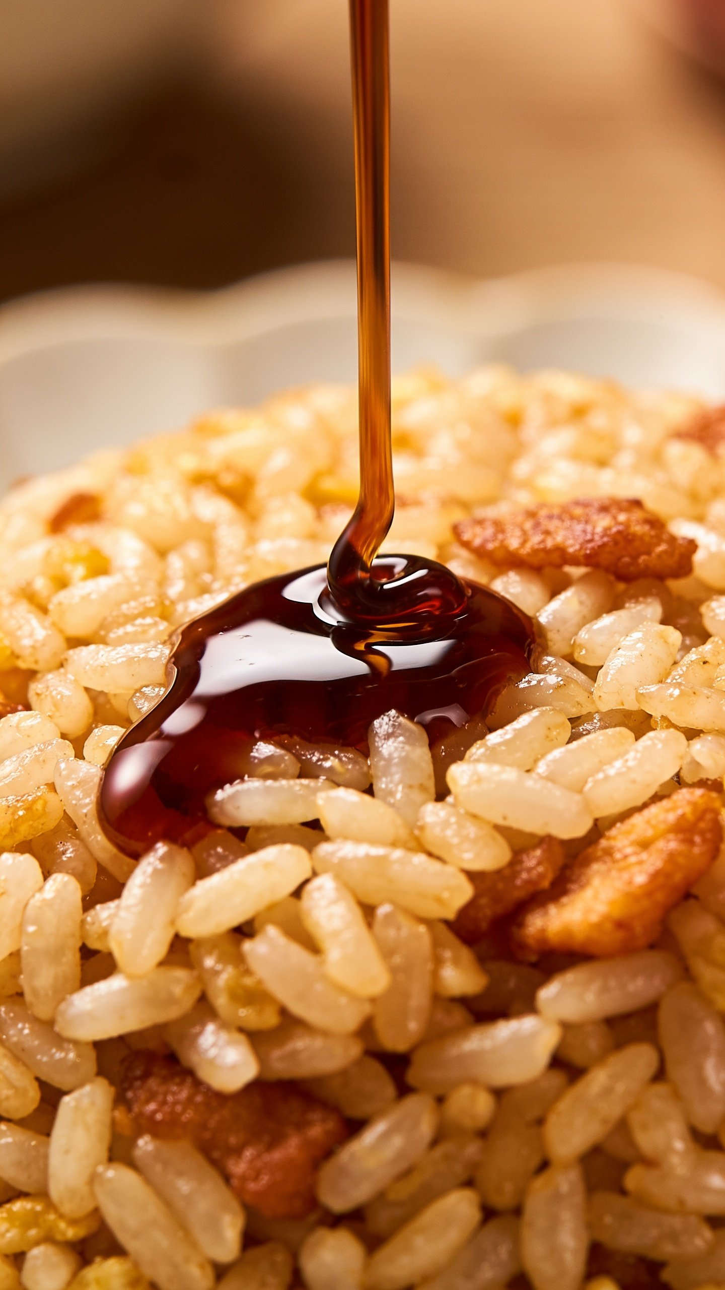Closeup of glossy soy sauce drizzle on fried rice