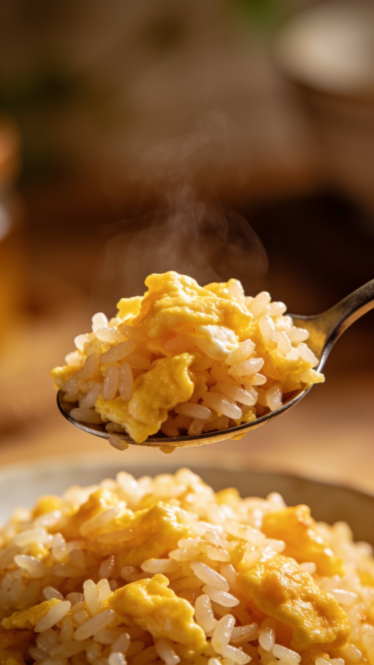 closeup of a single spoonful of fluffy scrambled egg fried rice