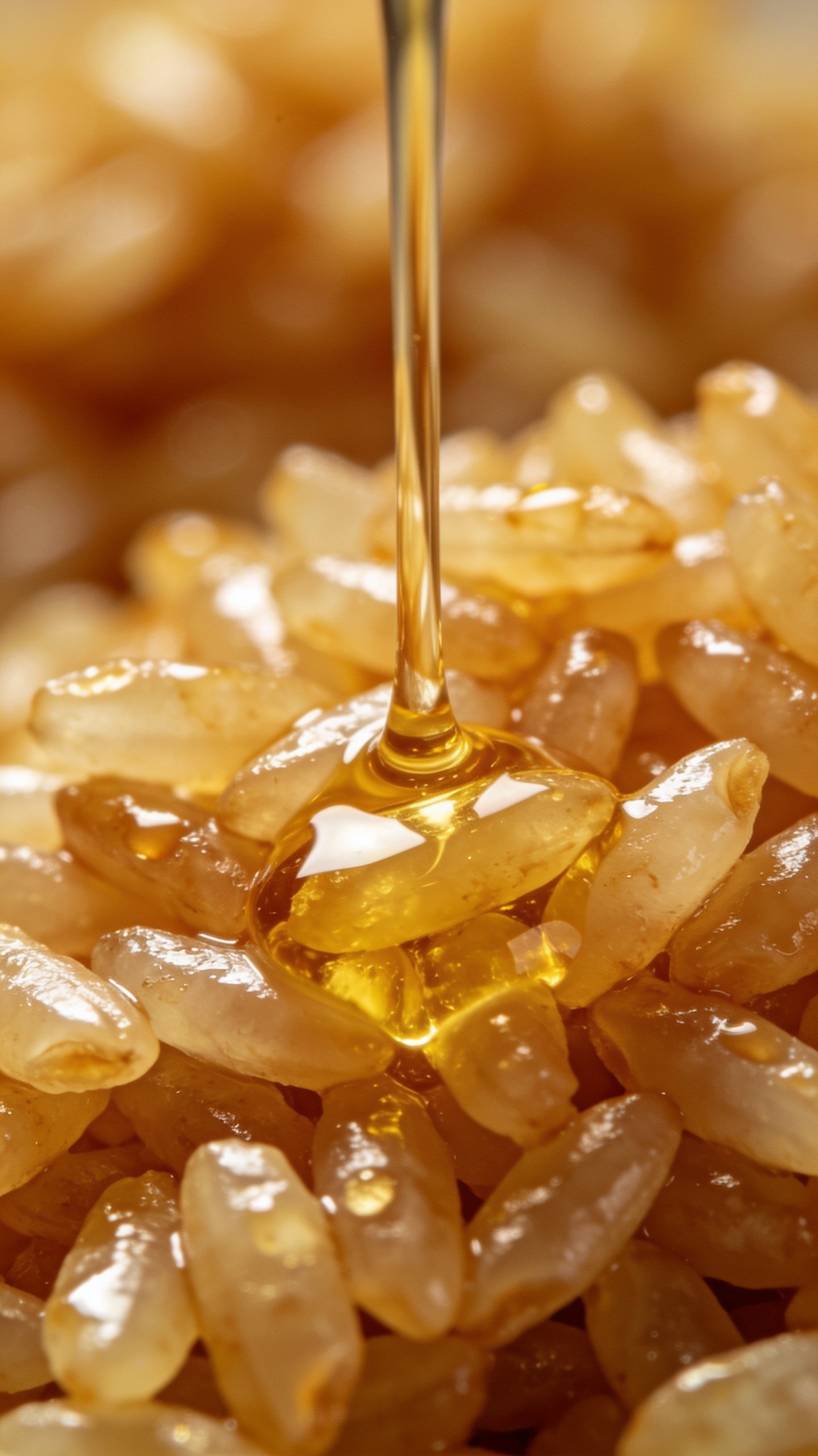 closeup of a single drizzle of sesame oil over glossy fried rice grains