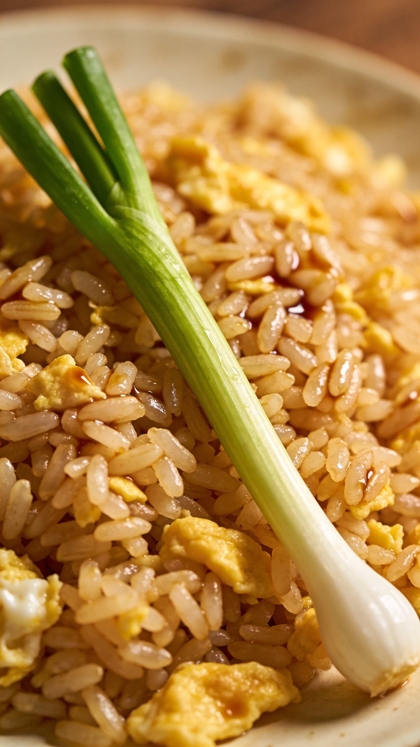 closeup of a lone spring onion on a plate of egg fried rice with soy glaze