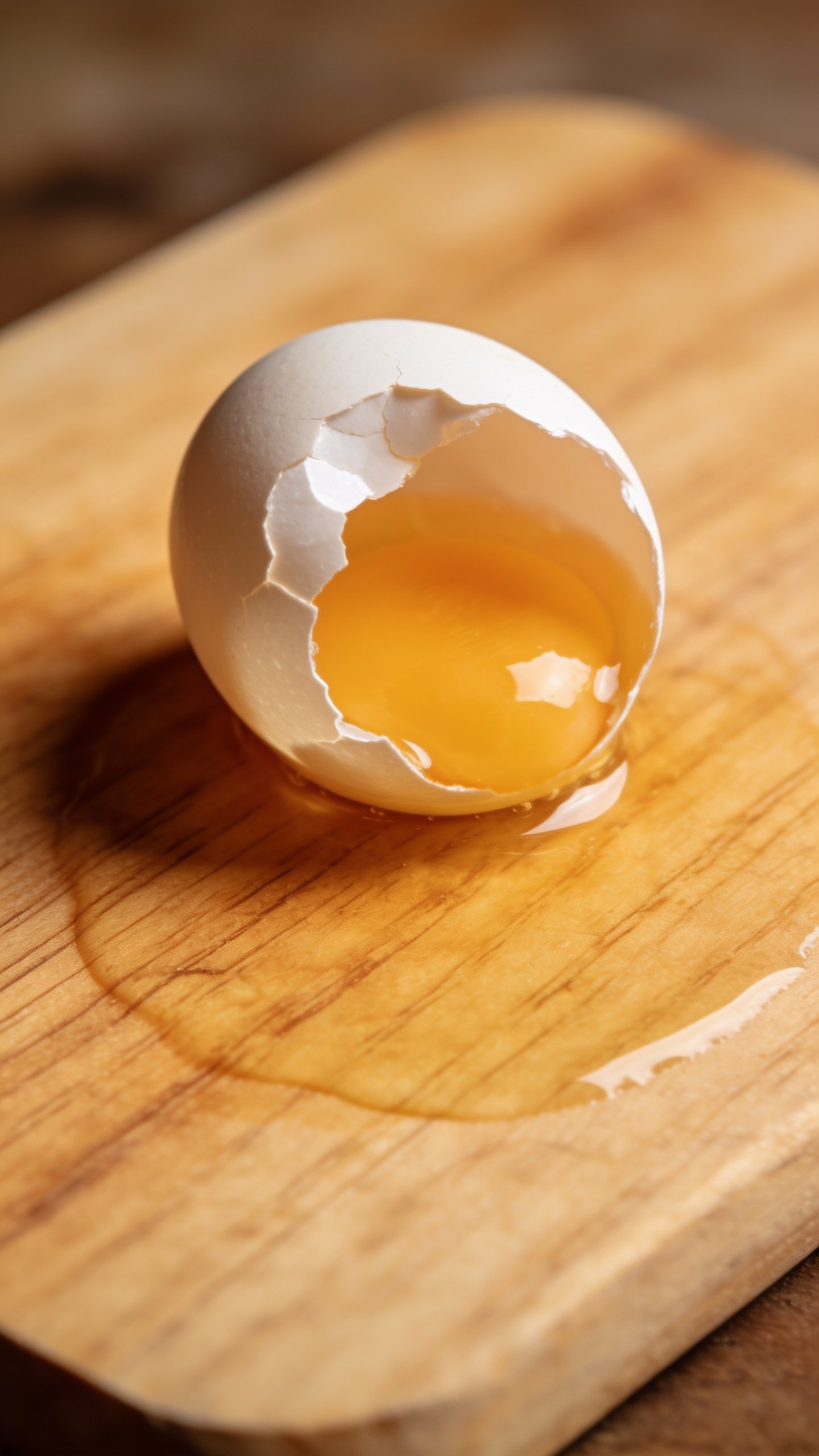 Closeup of a single cracked egg resting on a wooden cutting board