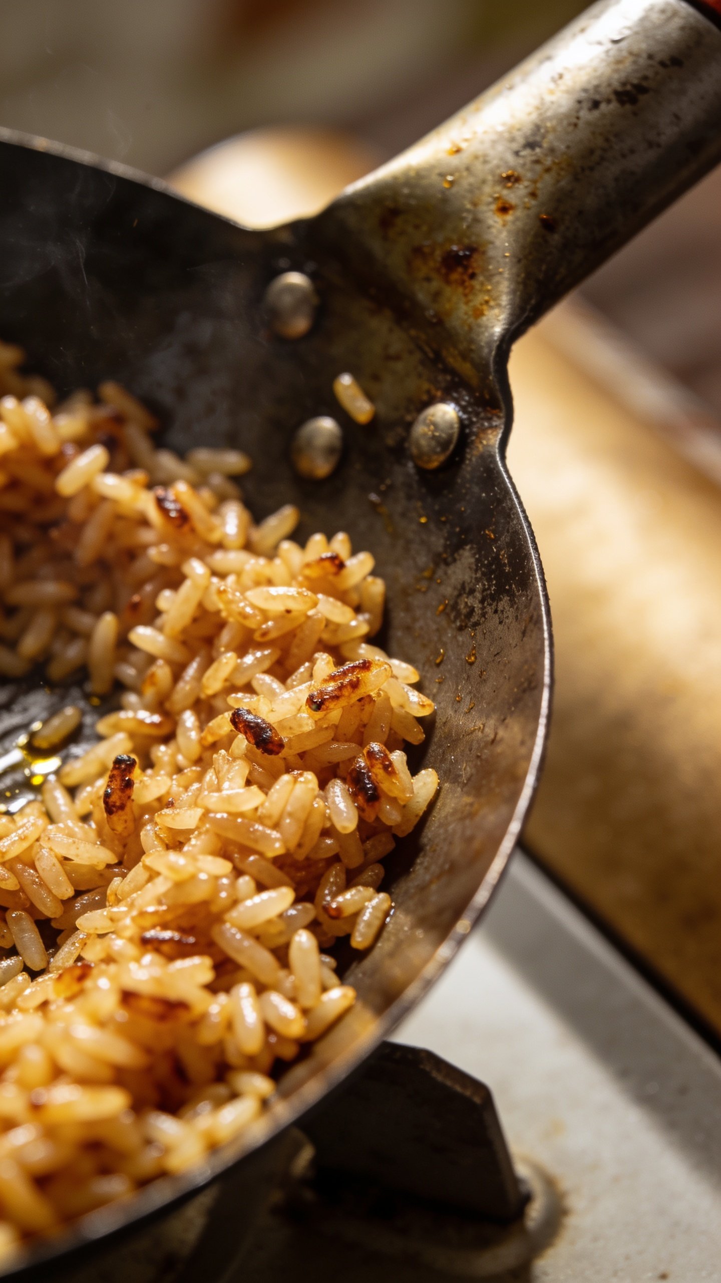 Closeup of sizzling eggless fried rice in a wok handle