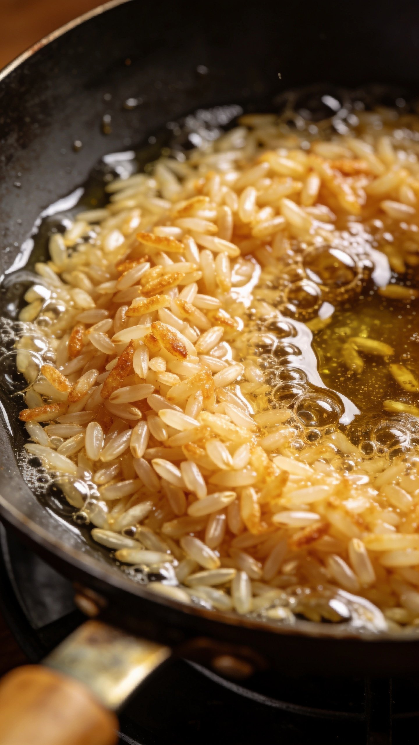 Closeup of day-old rice grains frying in oil in wok