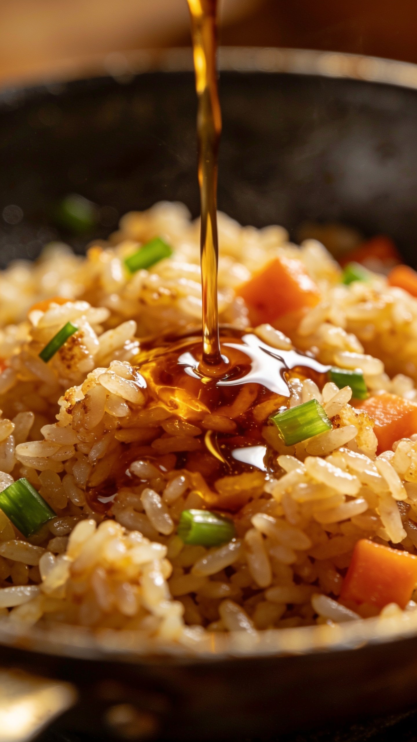 Closeup of shimmering soy sauce drizzle over fried rice in pan