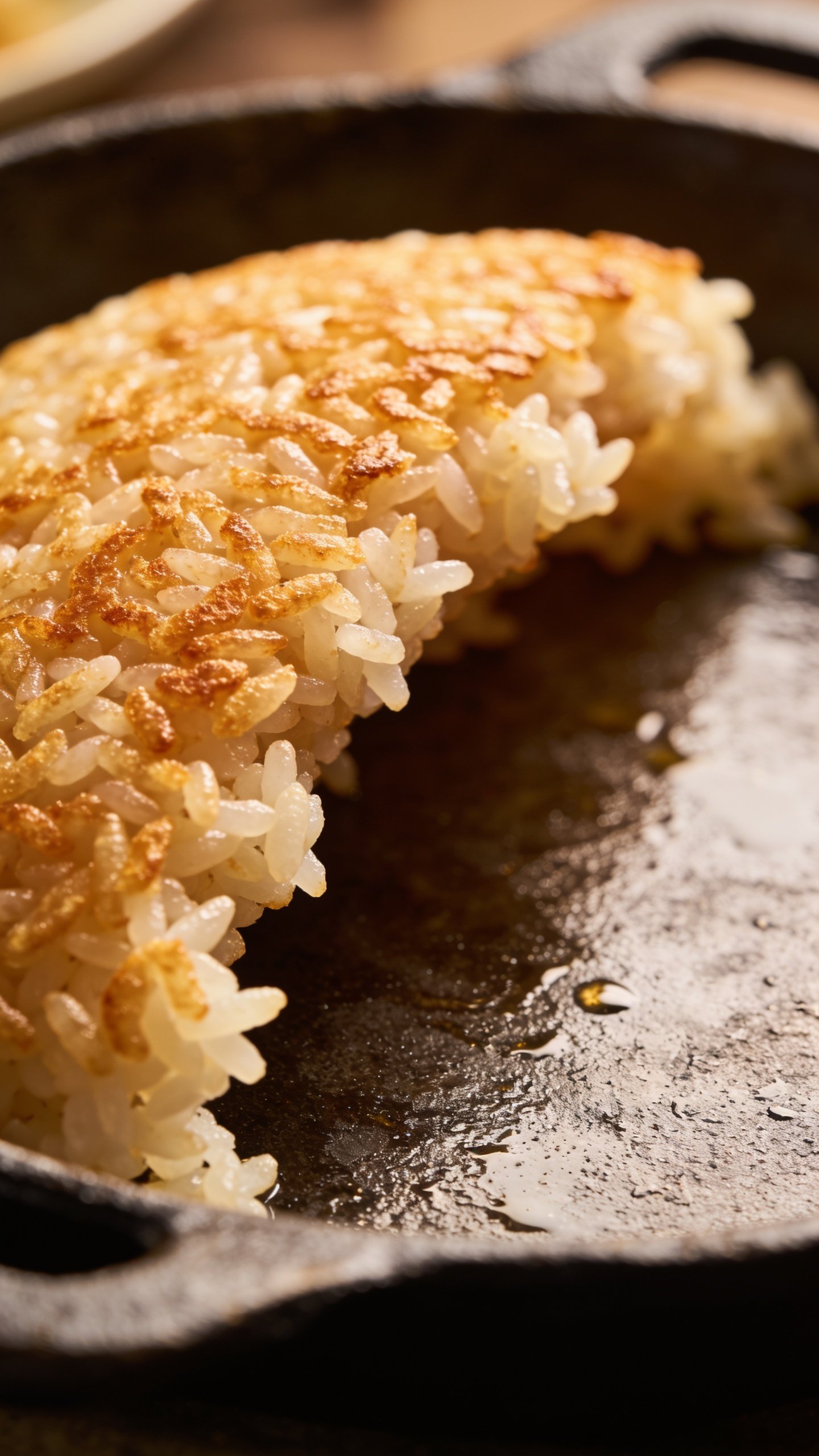 Closeup of fluffy fried rice grains in a skillet edge