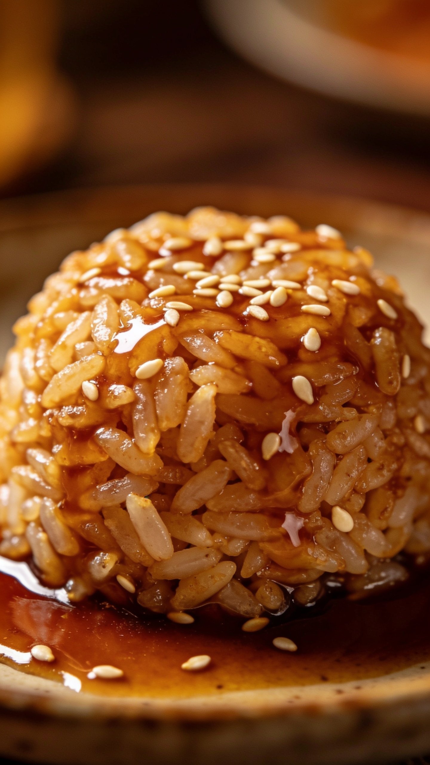 Closeup of glossy soy-sesame glaze on single fried rice mound