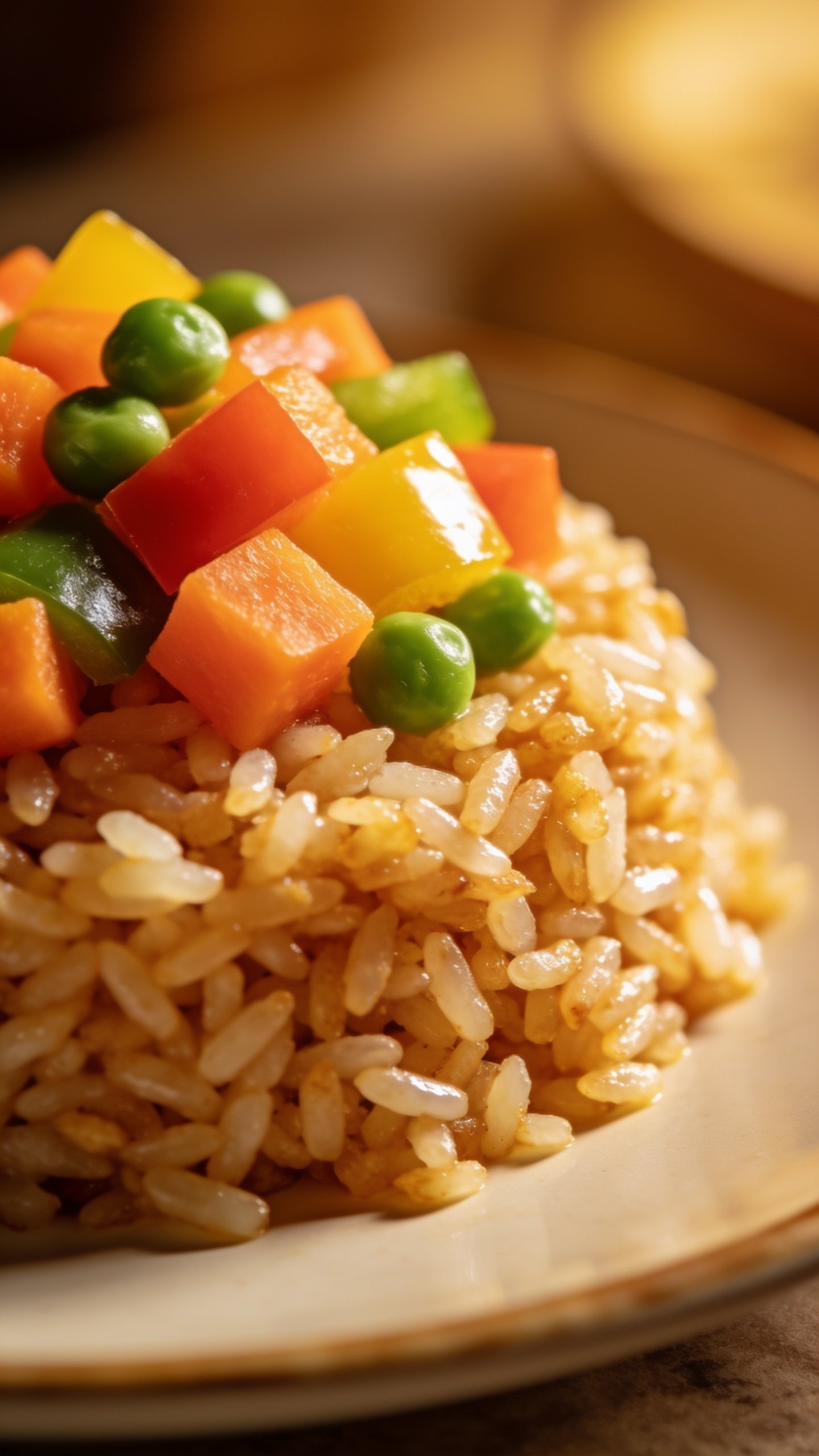 Closeup of crisp diced vegetables topping a single fried rice plate