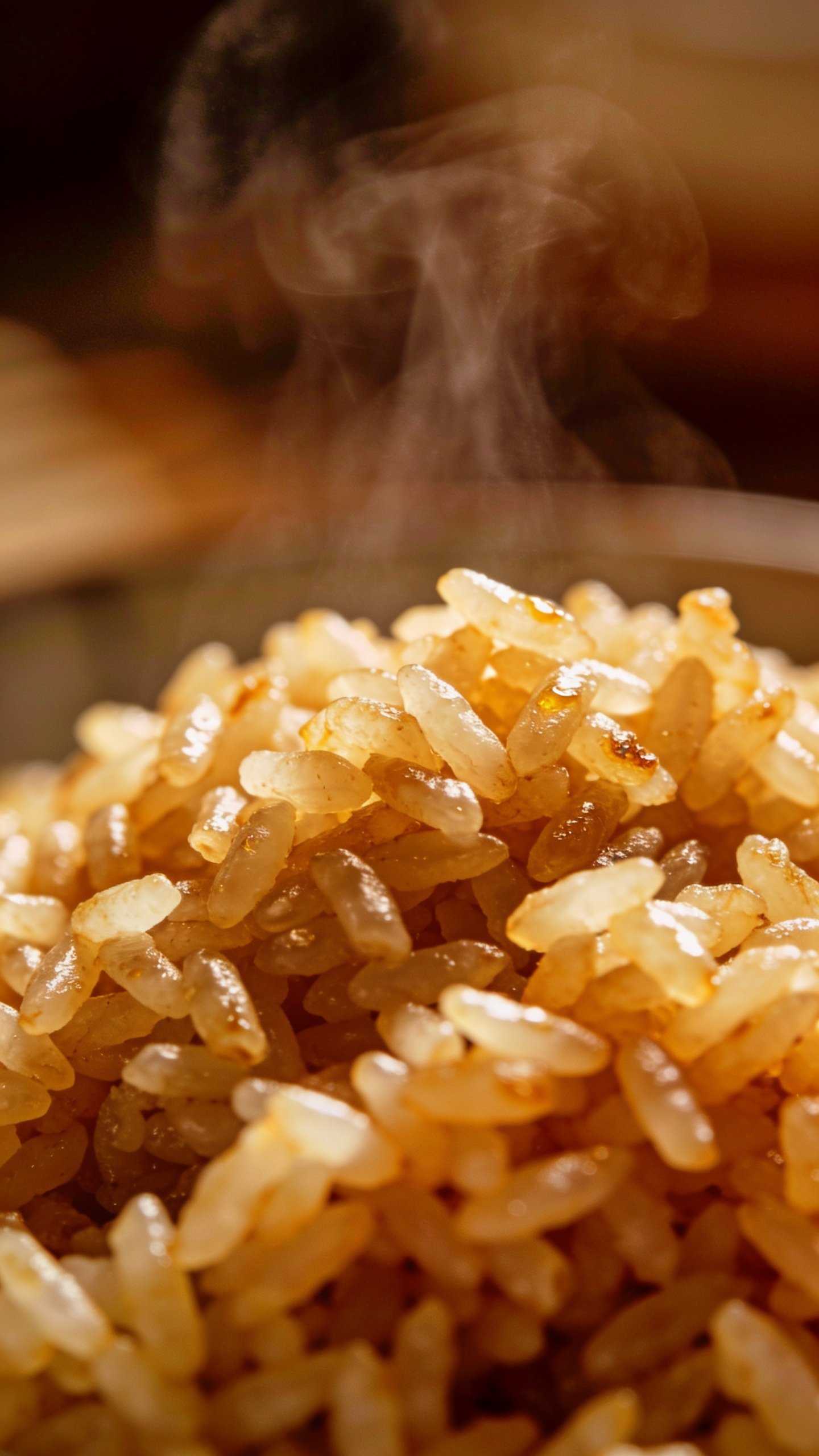 closeup of fluffy fried rice with steam, focus on grains