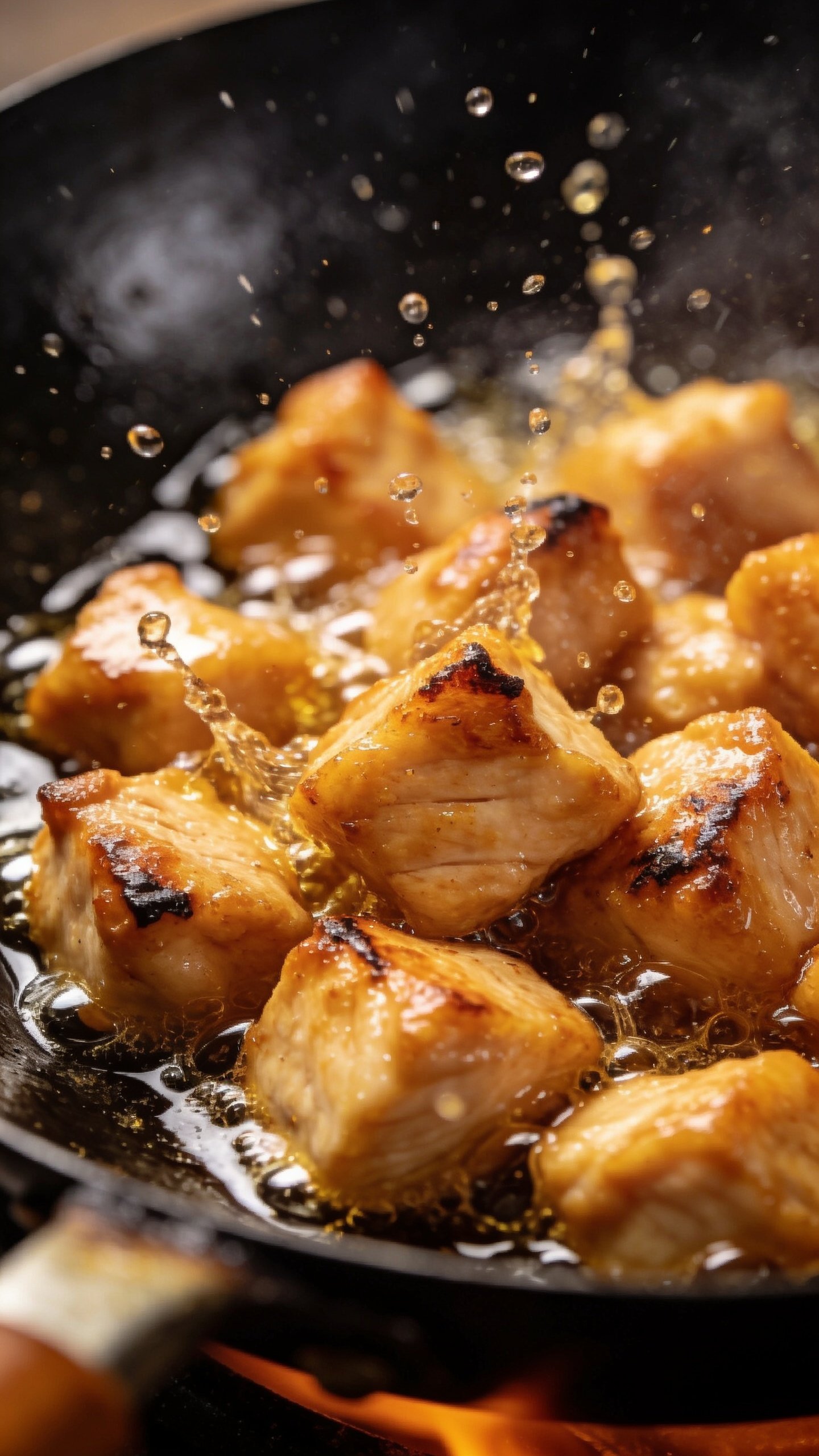 closeup of diced chicken cubes sizzling in wok oil