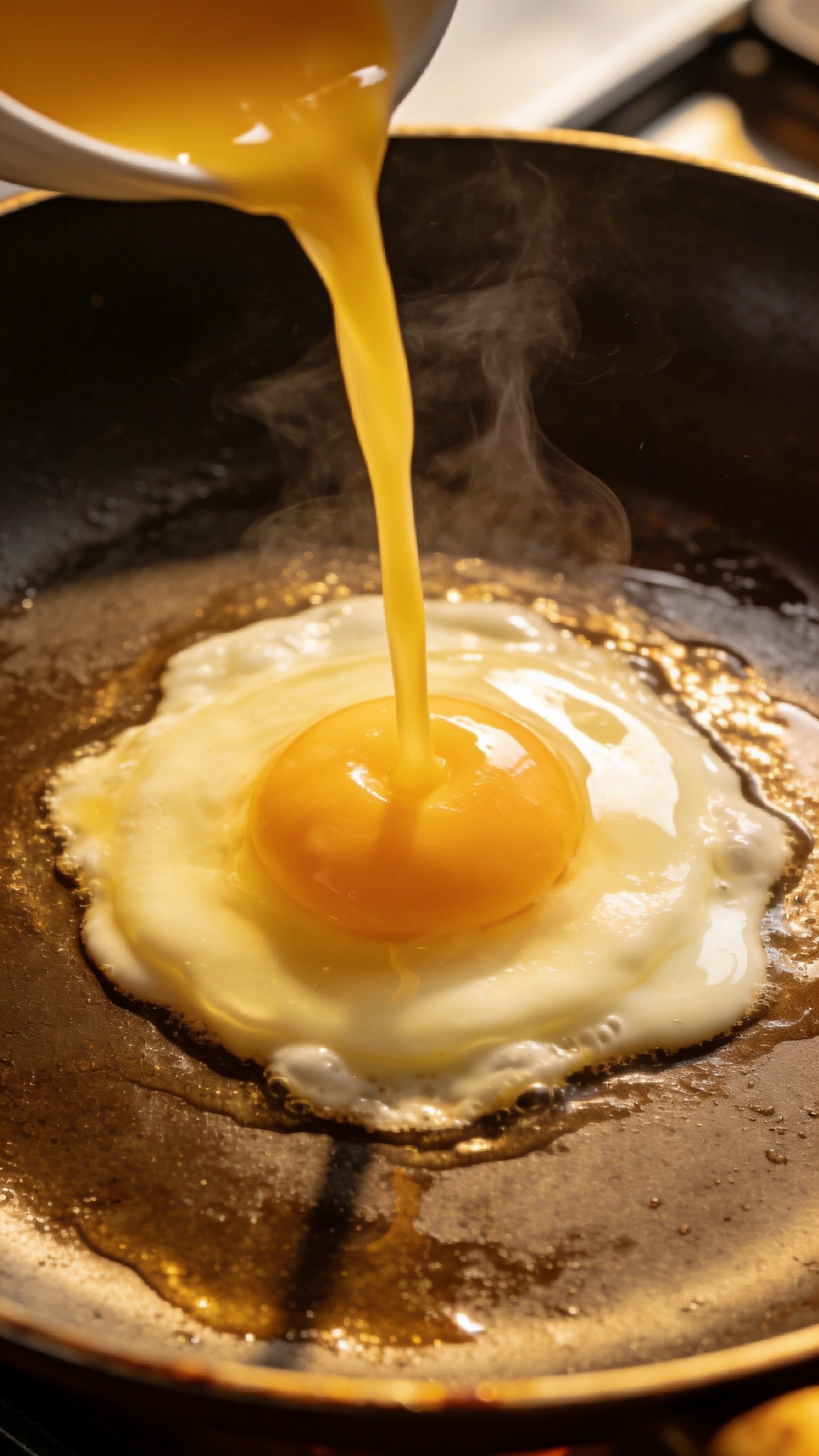 closeup of a single beaten egg pouring into hot pan