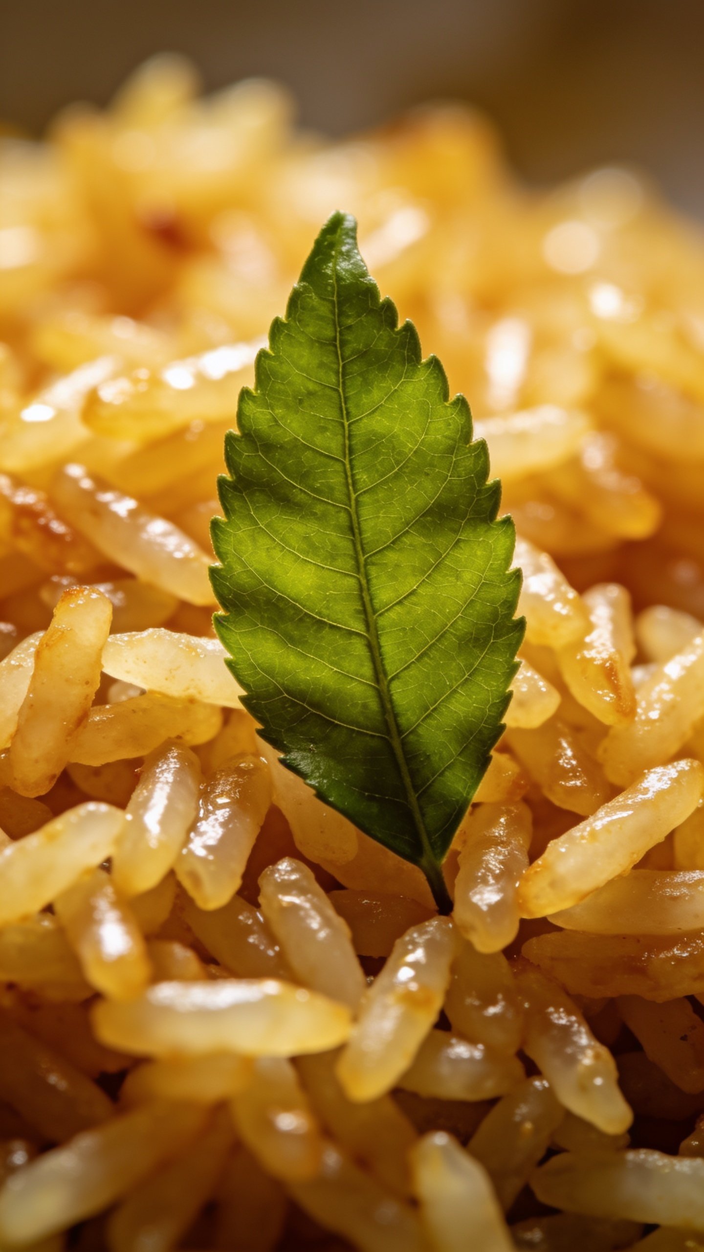 closeup of a single curry leaf on glossy fried rice surface
