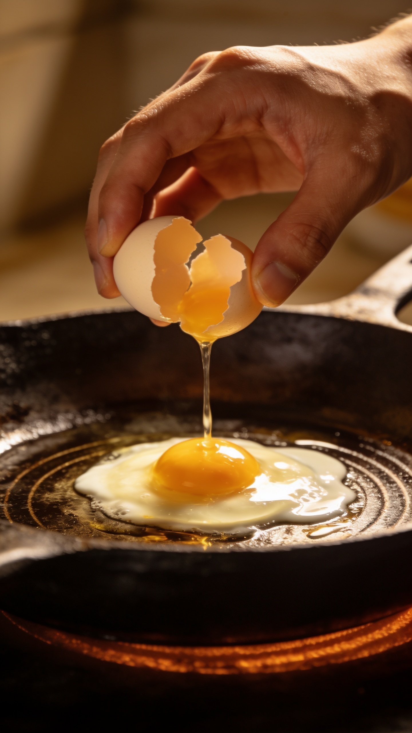 closeup of a single egg breaking into a hot skillet