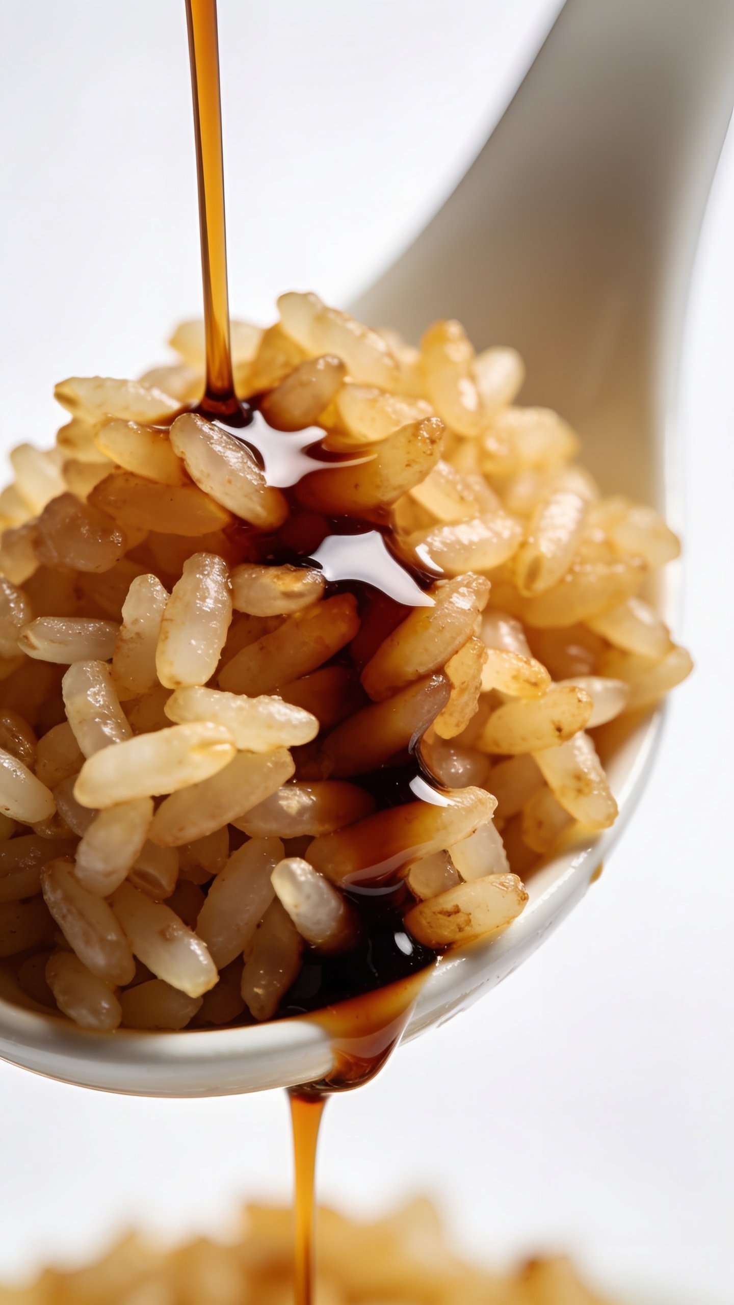 Closeup of a day-old rice grain on a white spoon with soy sauce drizzle