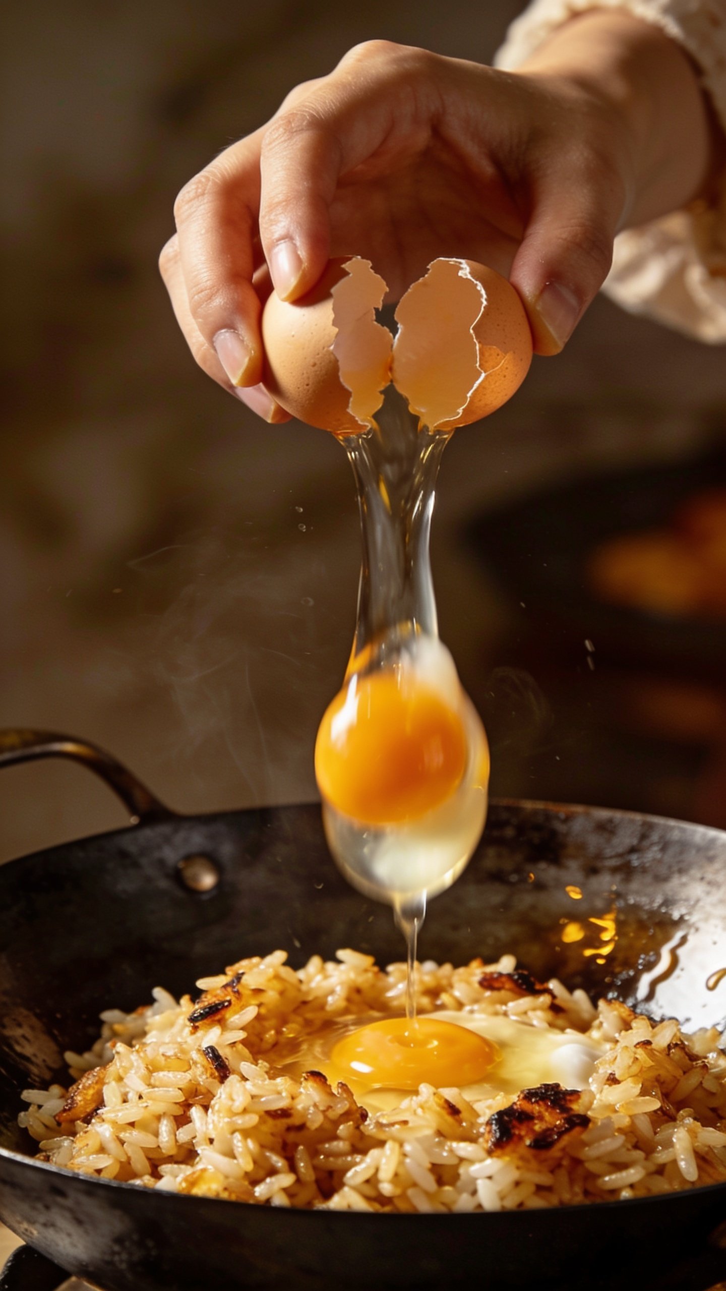 Closeup of a single egg breaking into hot wok-fried rice