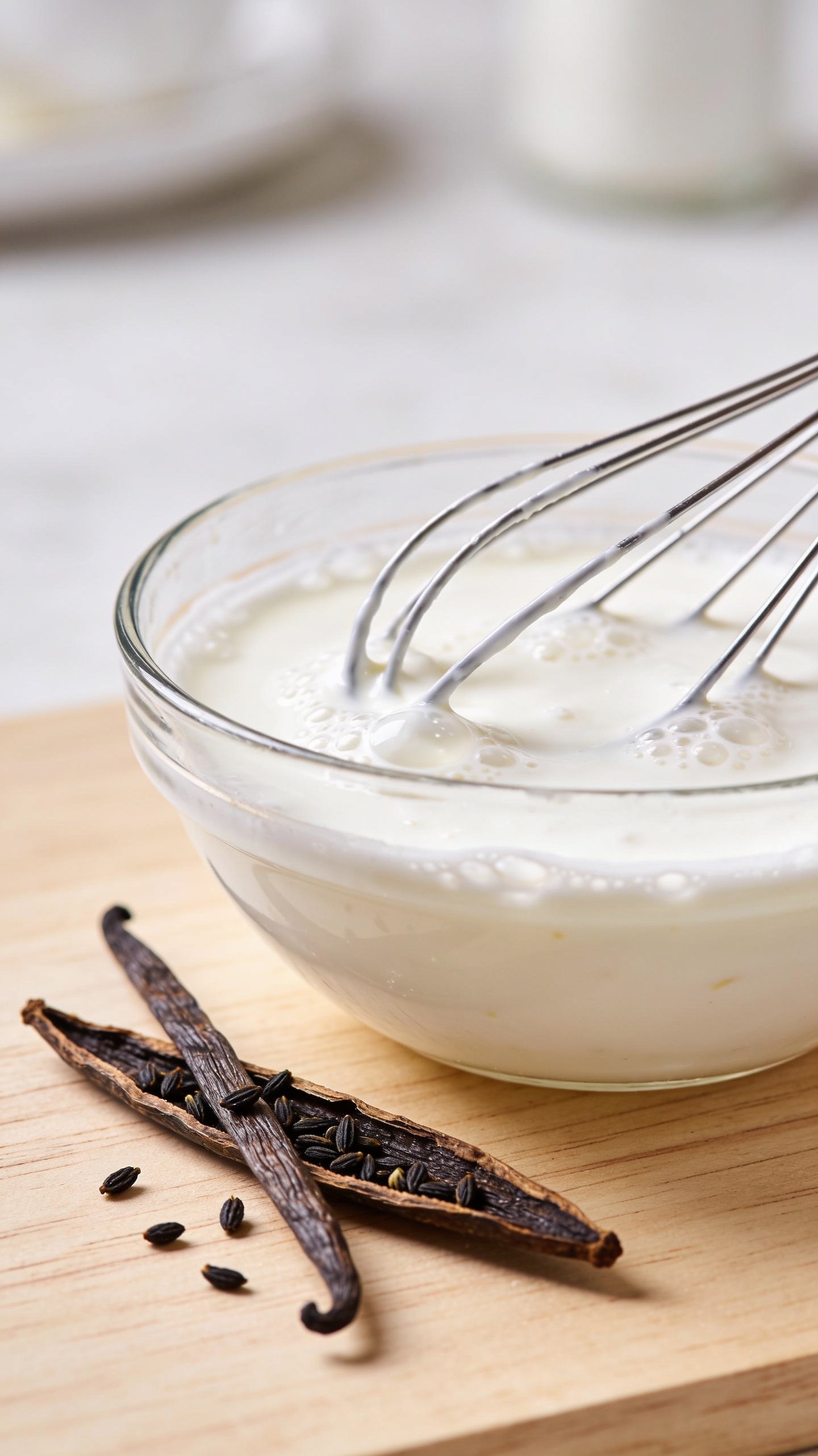 Closeup of whisked Greek yogurt mixture with vanilla pod, on counter