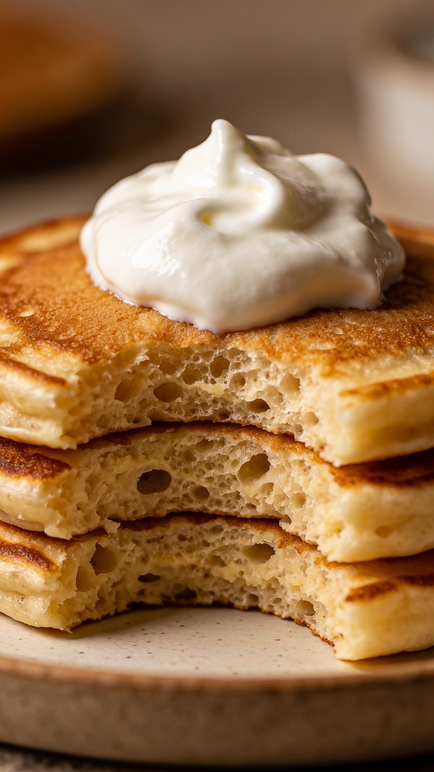 Closeup of fluffy protein pancake stack with Greek yogurt dollop