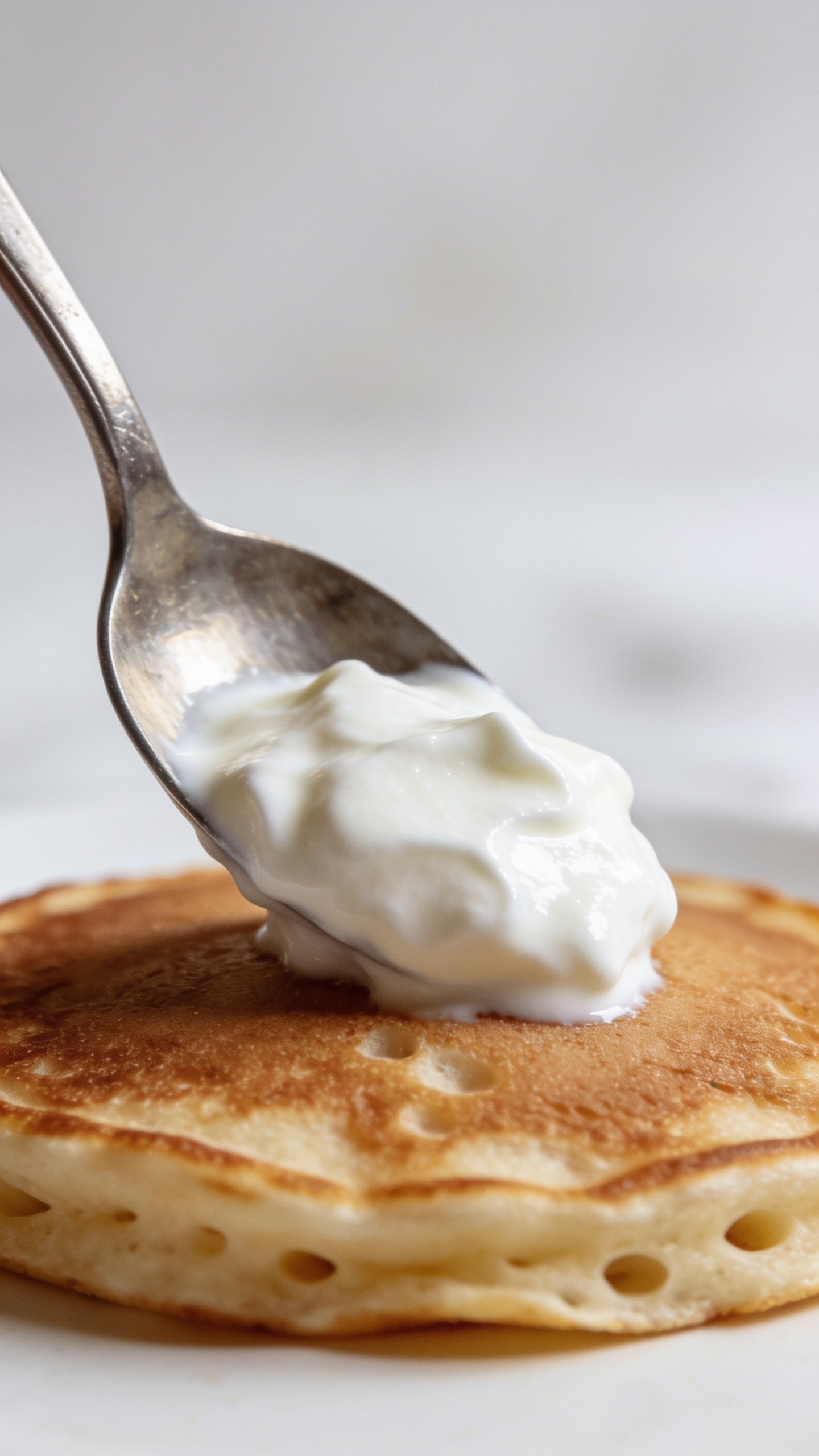 Side-profile closeup of spoonful Greek yogurt topping on pancake