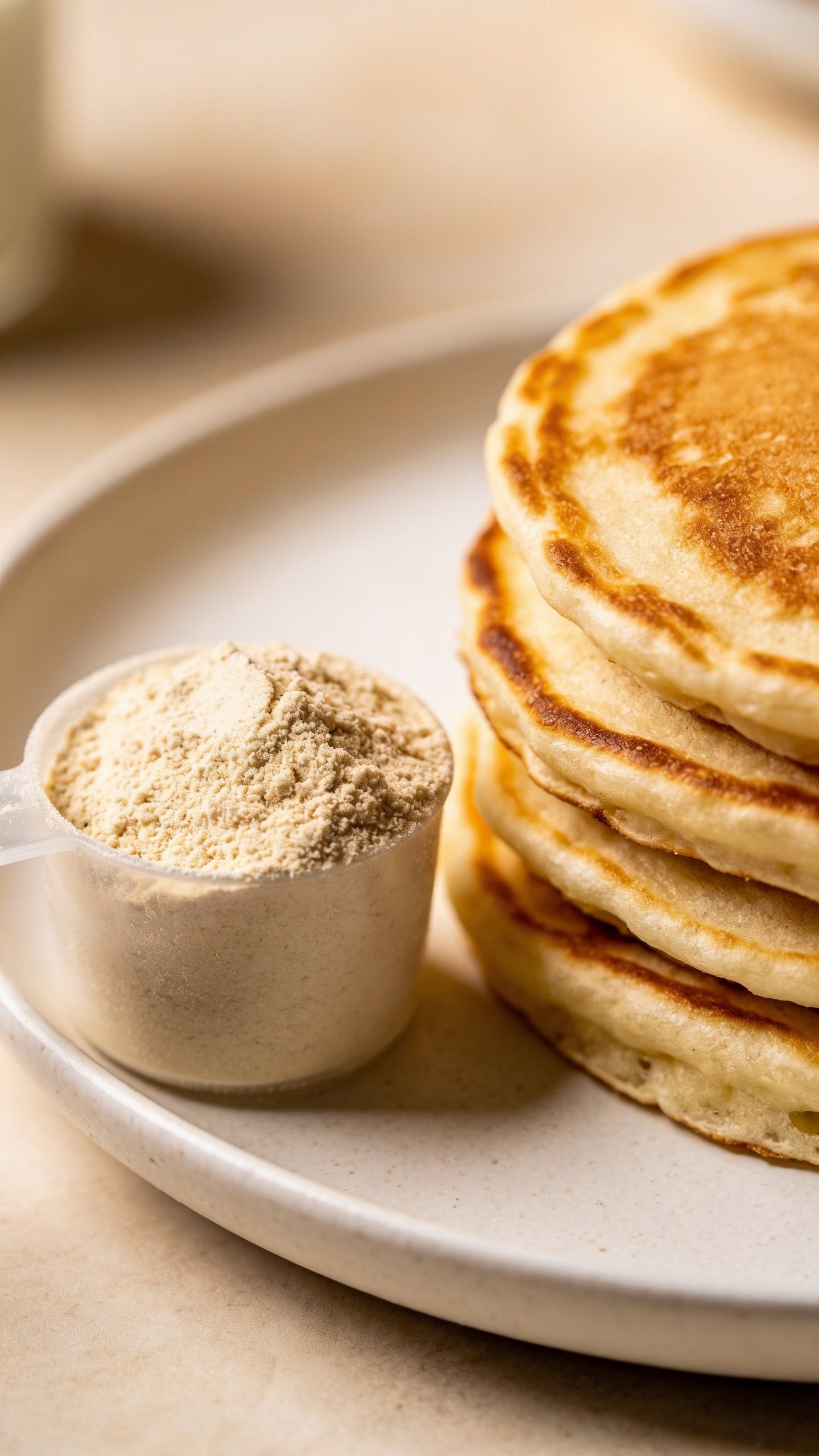 Closeup of vanilla protein powder scoop beside pancake on plate
