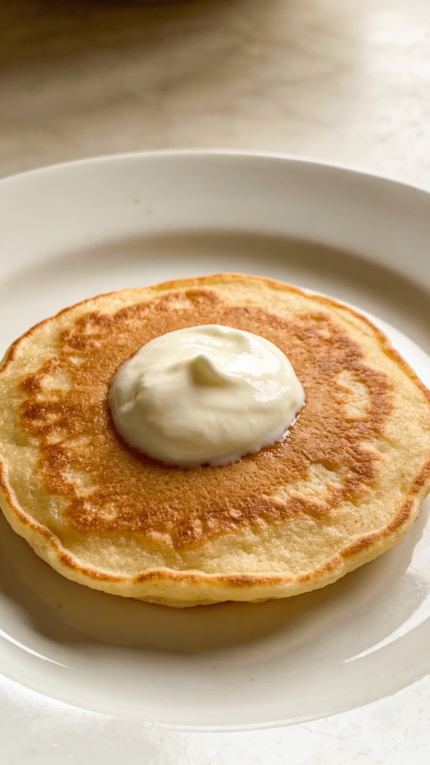 closeup of a lone pancake with vanilla yogurt dollop on white plate