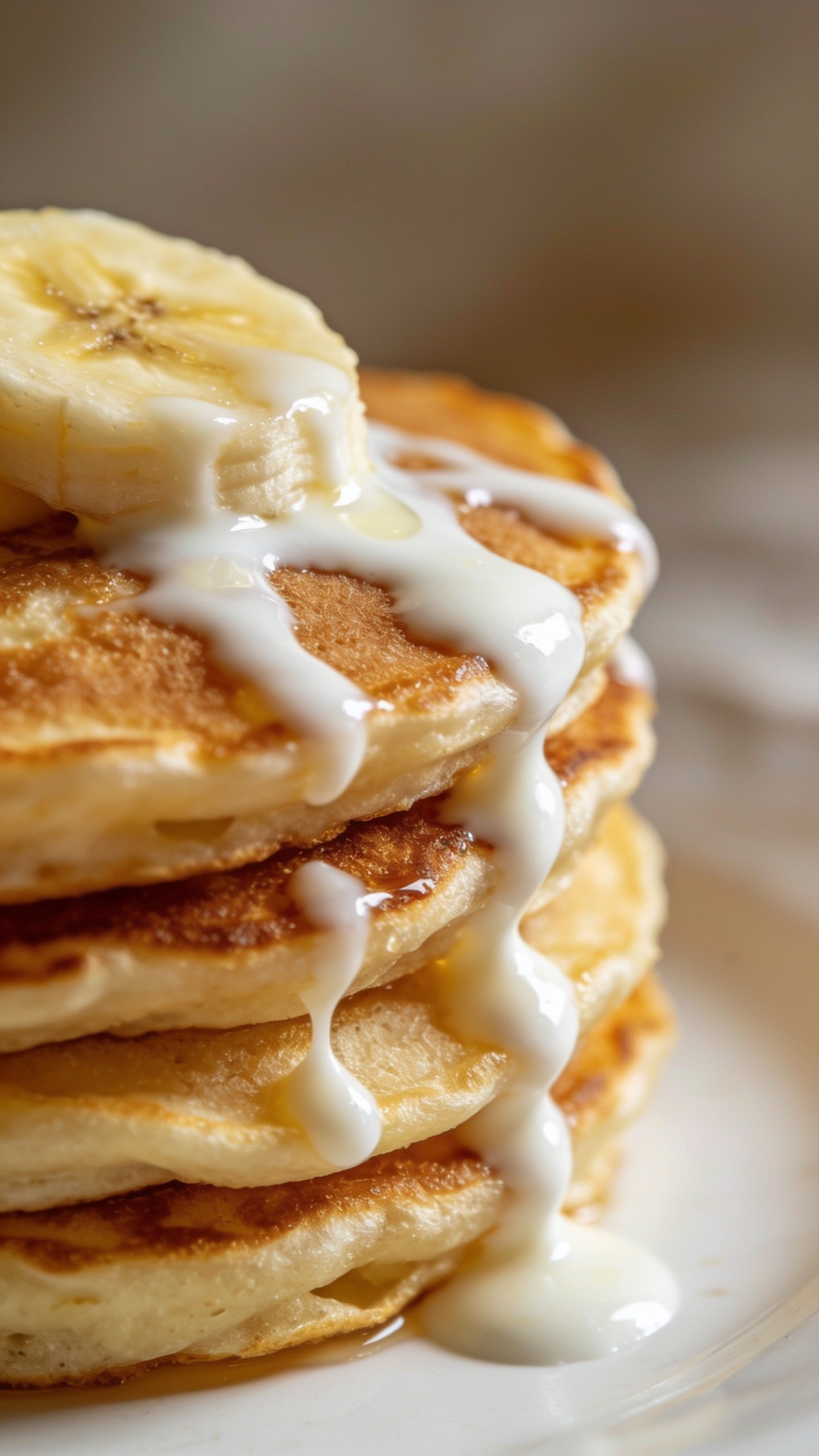 closeup of a single banana-oat pancake stacked with yogurt drizzle