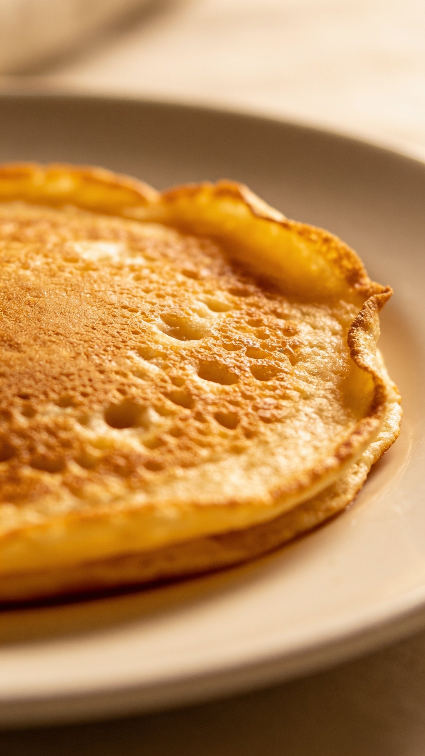 closeup of a single golden oat pancake on a white plate