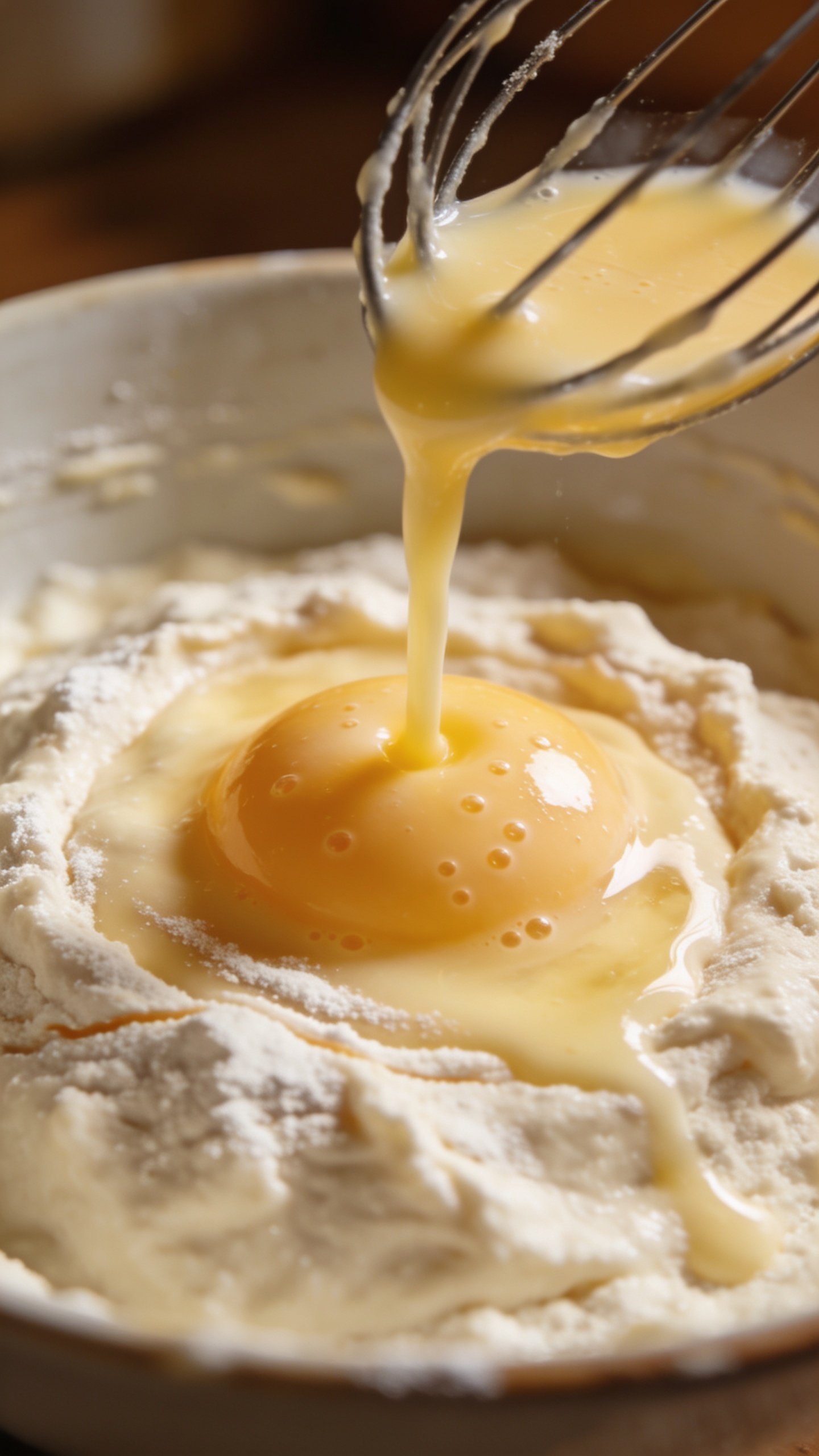 closeup of a single whisked egg being poured into a bowl of oats batter
