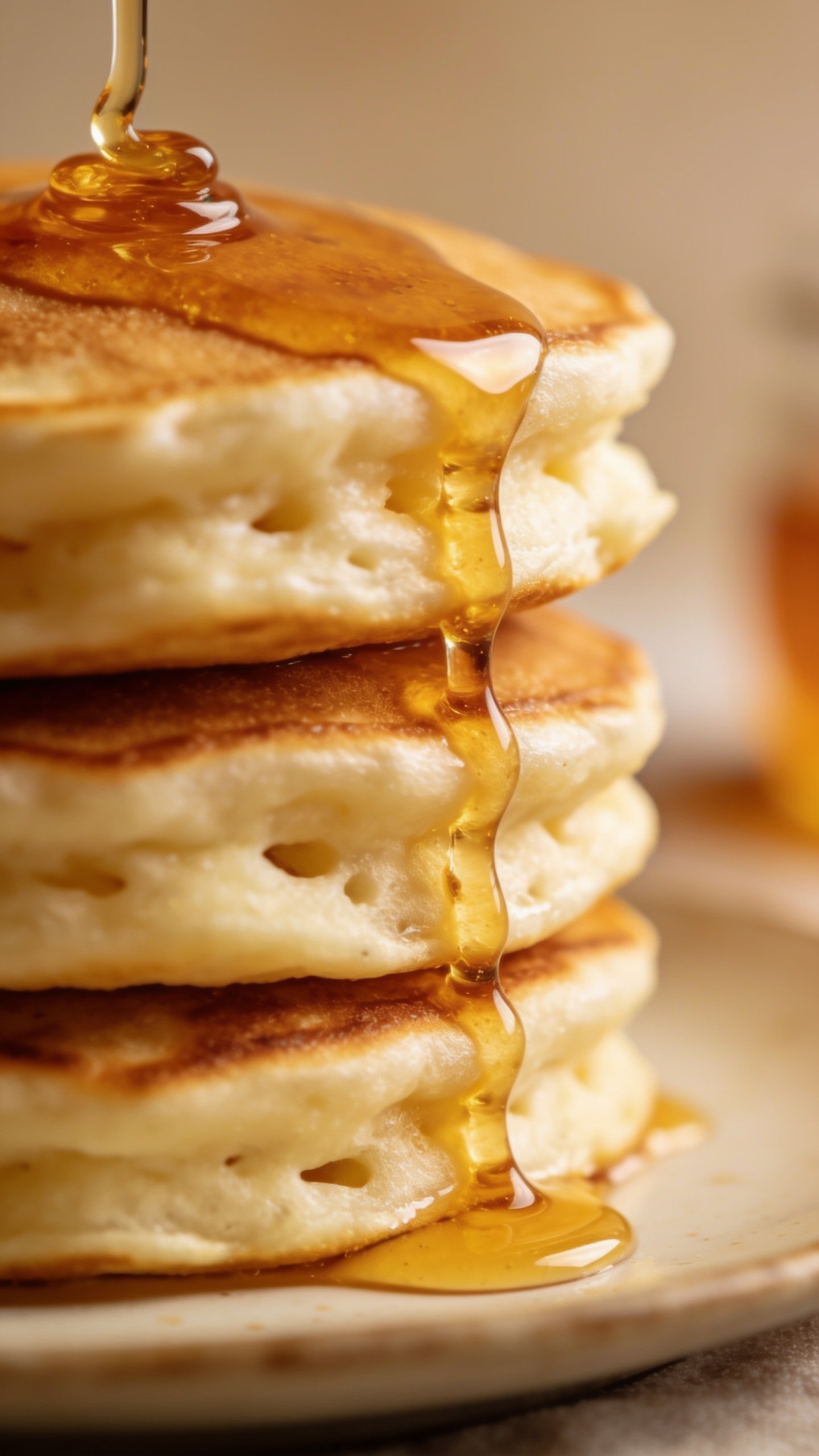 Closeup of a single Greek yogurt pancake stack with honey drizzle