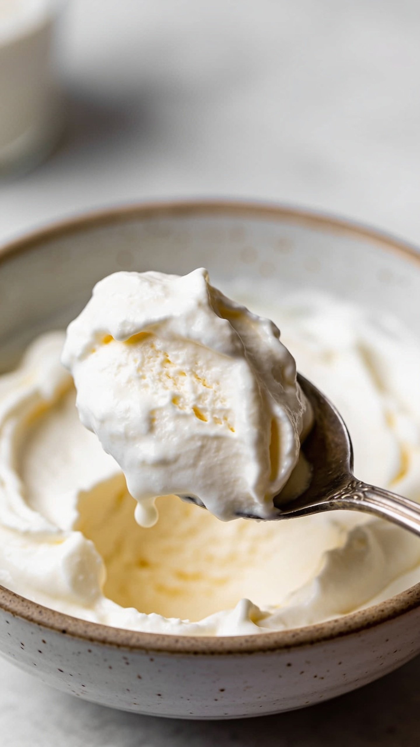 Closeup of a spoonful of whipped Greek yogurt batter in a bowl