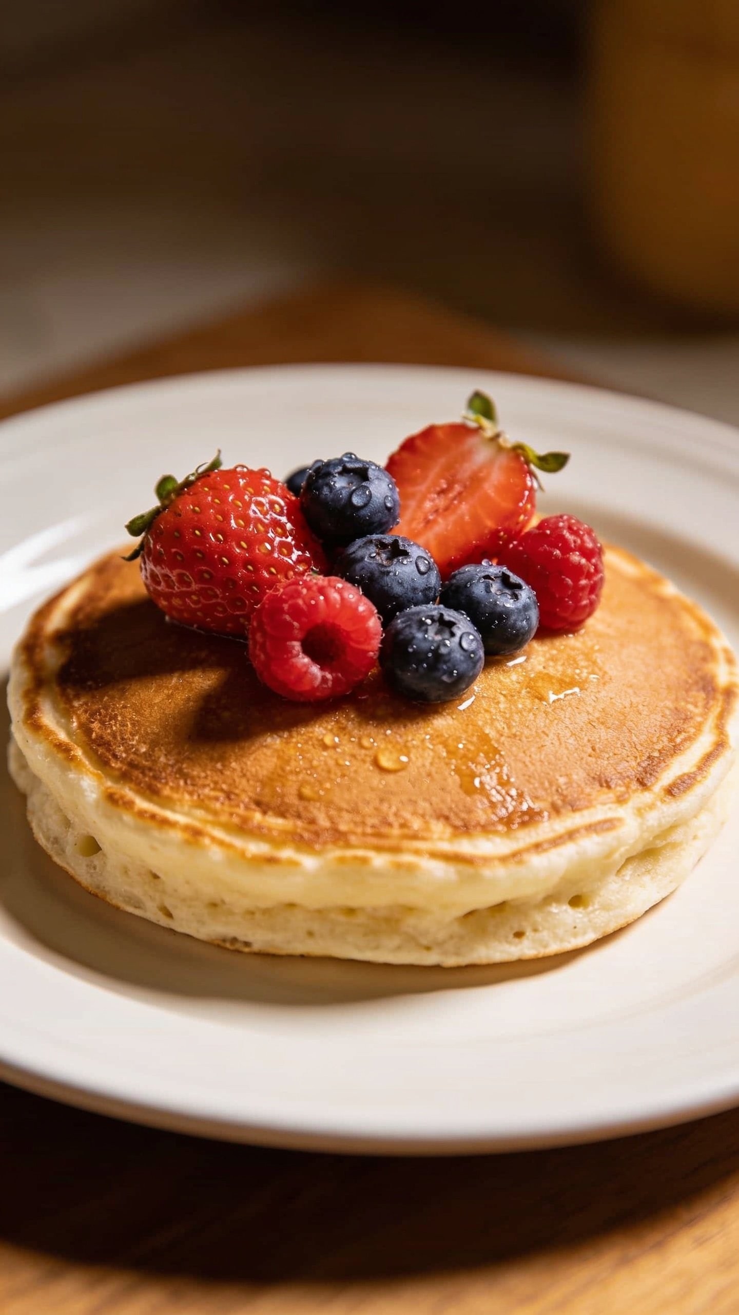 Closeup of a single plated pancake with fresh berries on white plate