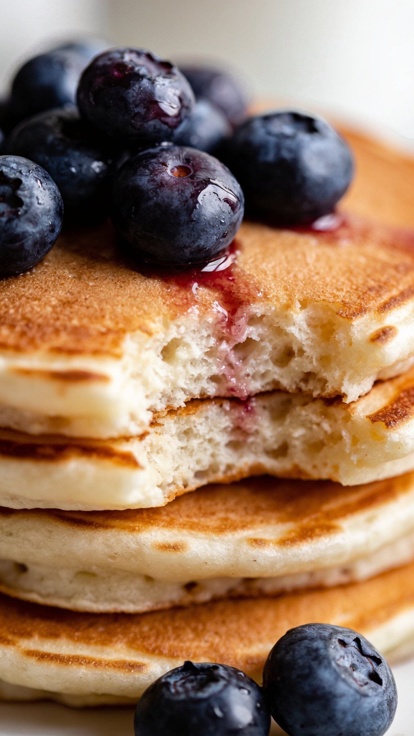 Close-up of fluffy Greek yogurt pancake stack with juicy blueberries on top