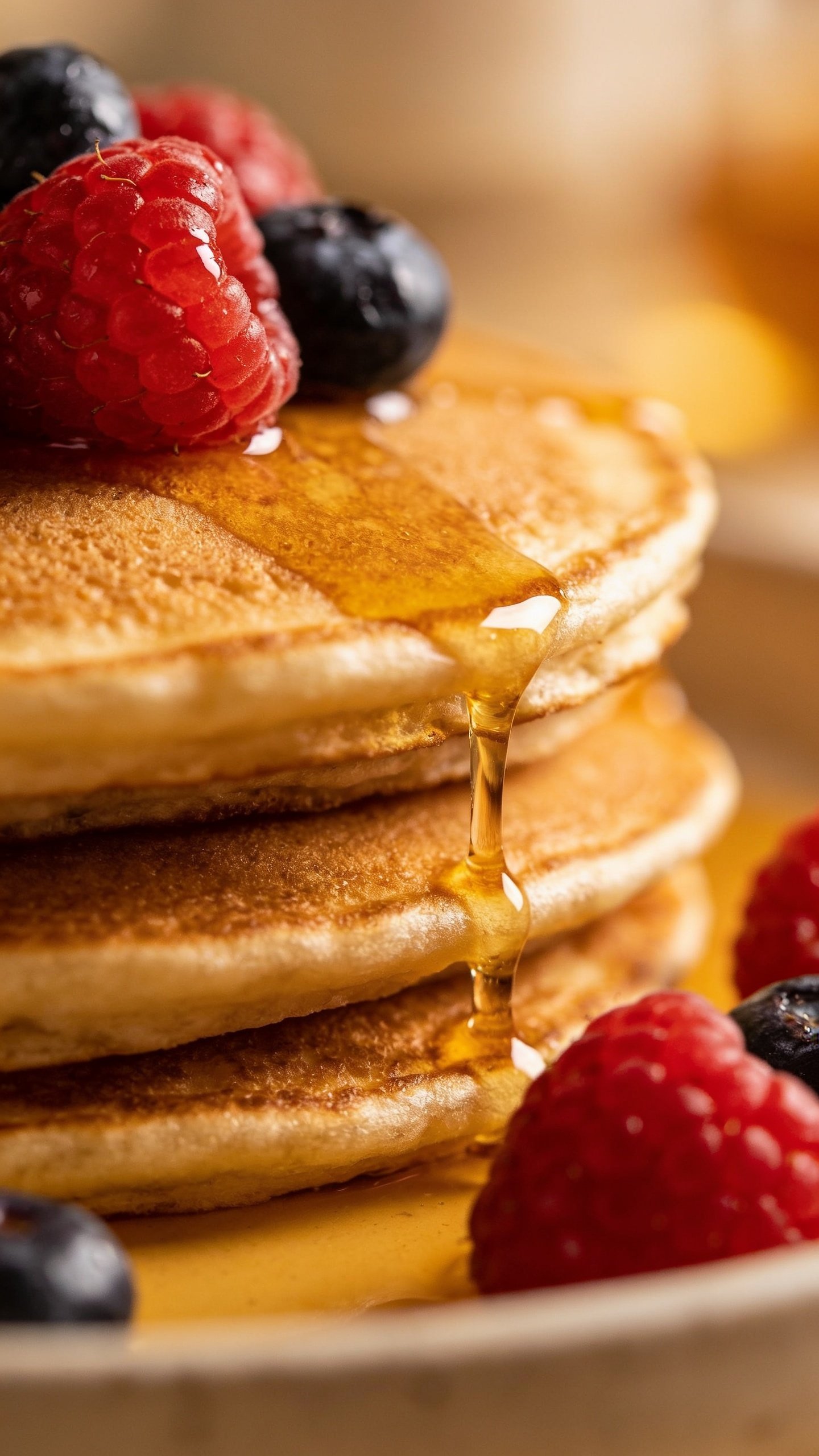 Close-up of golden pancake drizzle dripping from the edge with berries