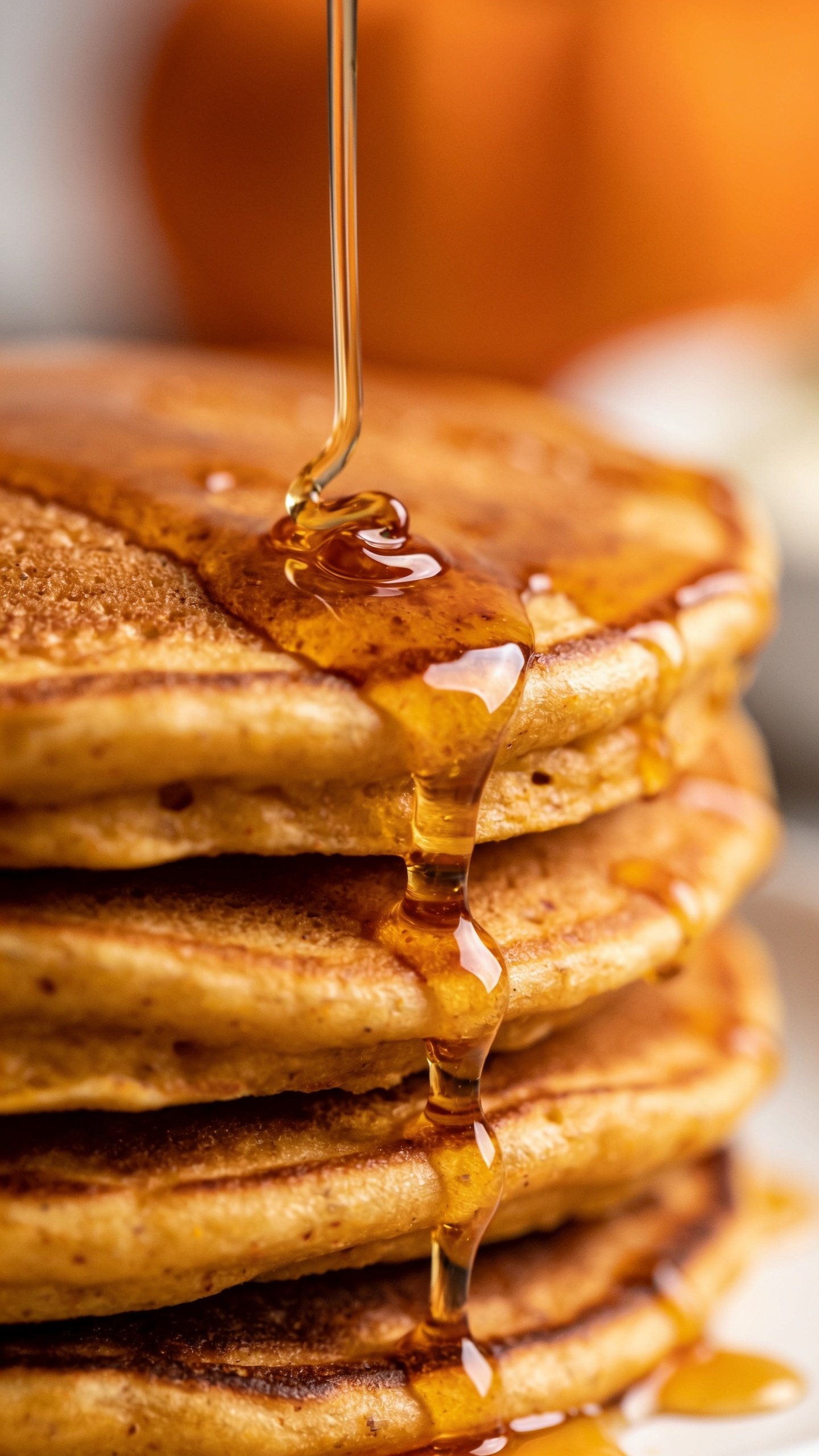 closeup of fluffy Greek Yogurt Pumpkin Pancake stack drizzled with maple