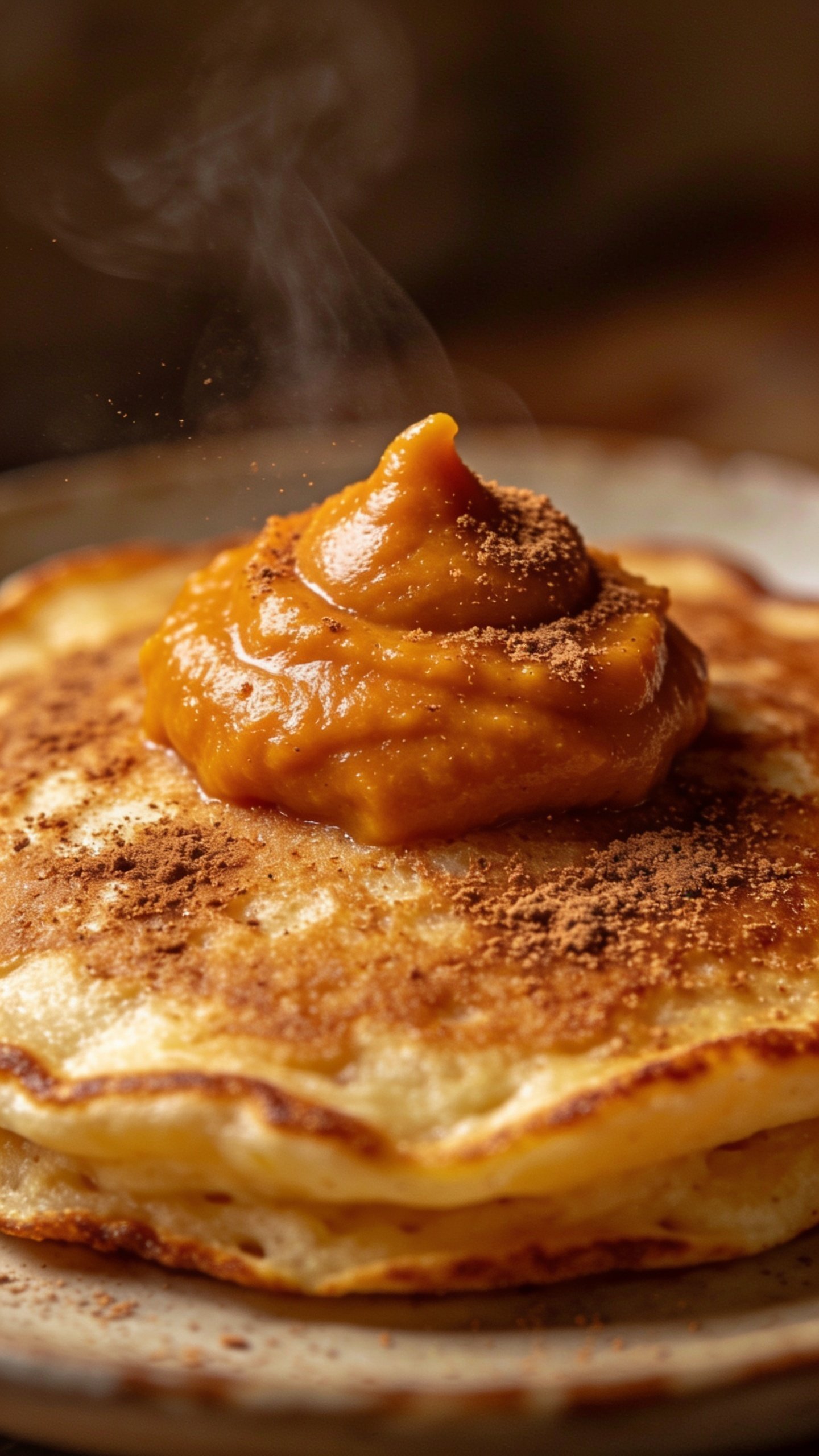 closeup of a single pancake topped with pumpkin dollop and cinnamon dust
