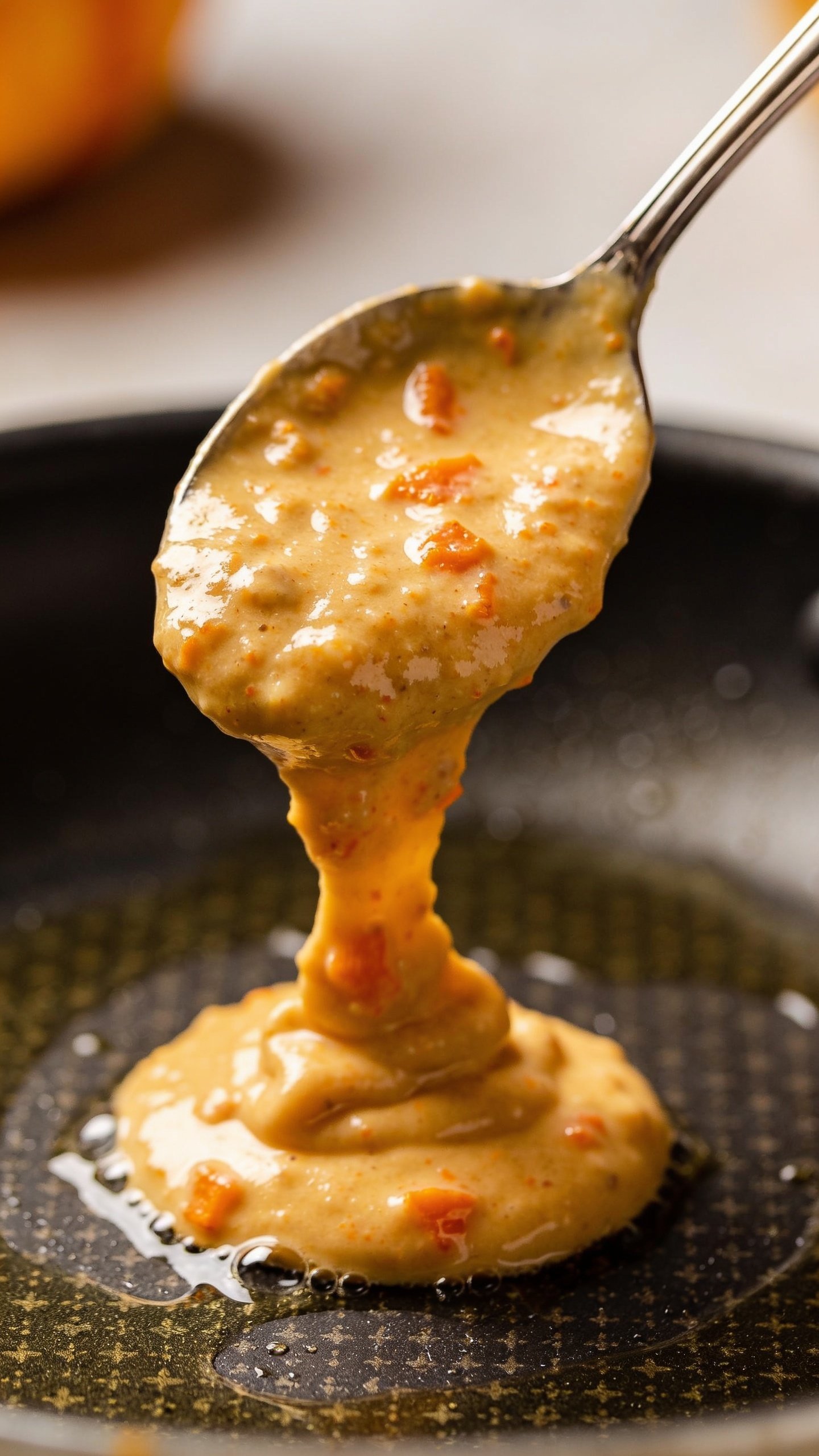 closeup of a spoonful of pumpkin pancake batter poured into a hot skillet