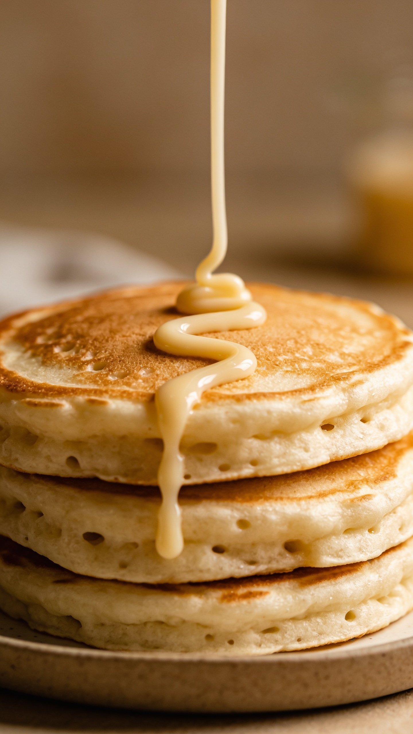 Closeup of fluffy Greek yogurt pancake stack with vanilla drizzle