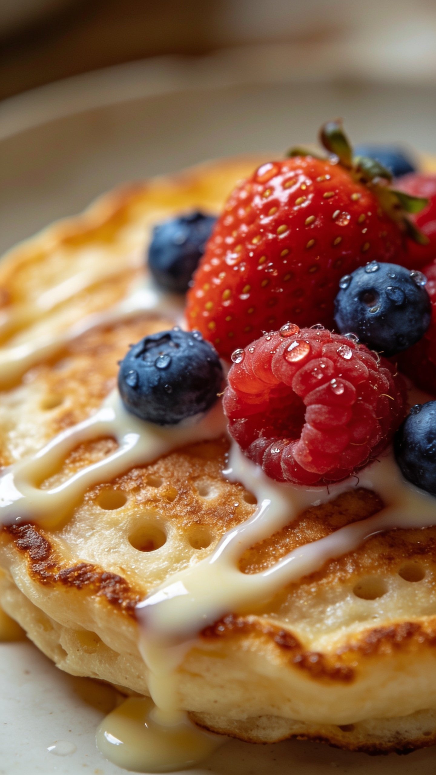 Closeup of a single pancake drizzled with yogurt glaze and berries