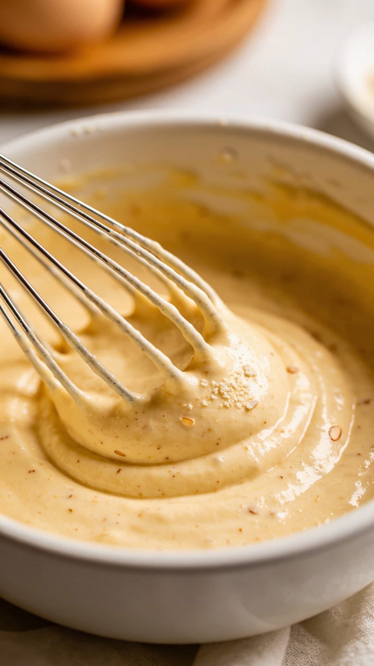 closeup of whisked batter in white bowl with almond flour specks