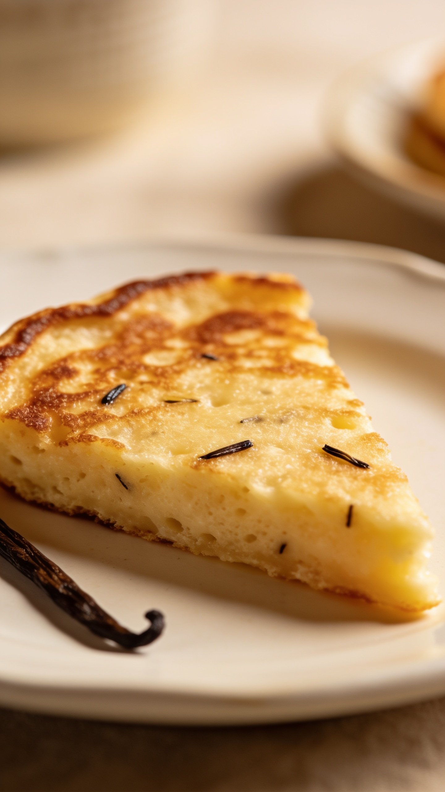 closeup of single pancake slice on plate with vanilla bean specks