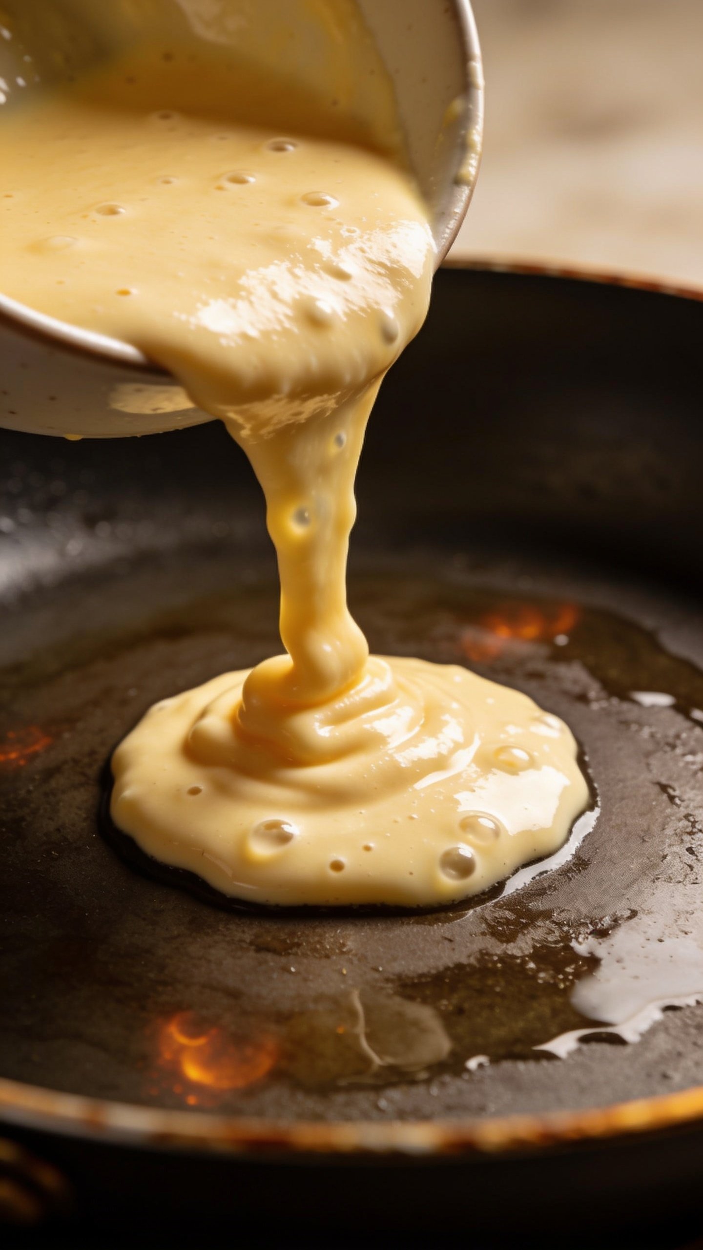 closeup of Greek yogurt pancake batter pouring on griddle